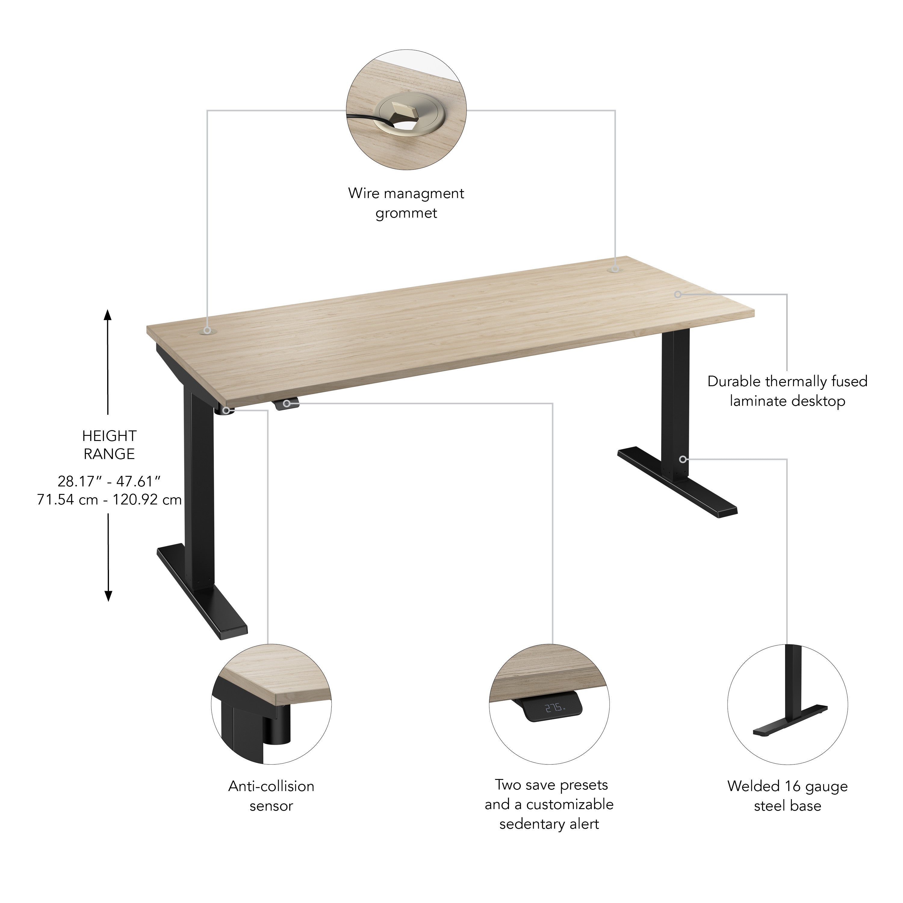 Bush Business Furniture Move 40 Series 72W x 30D Electric Height Adjustable Standing Desk in Natural Elm with Black Base - 71.02" Width x 29.37" Depth x 28.17" Height