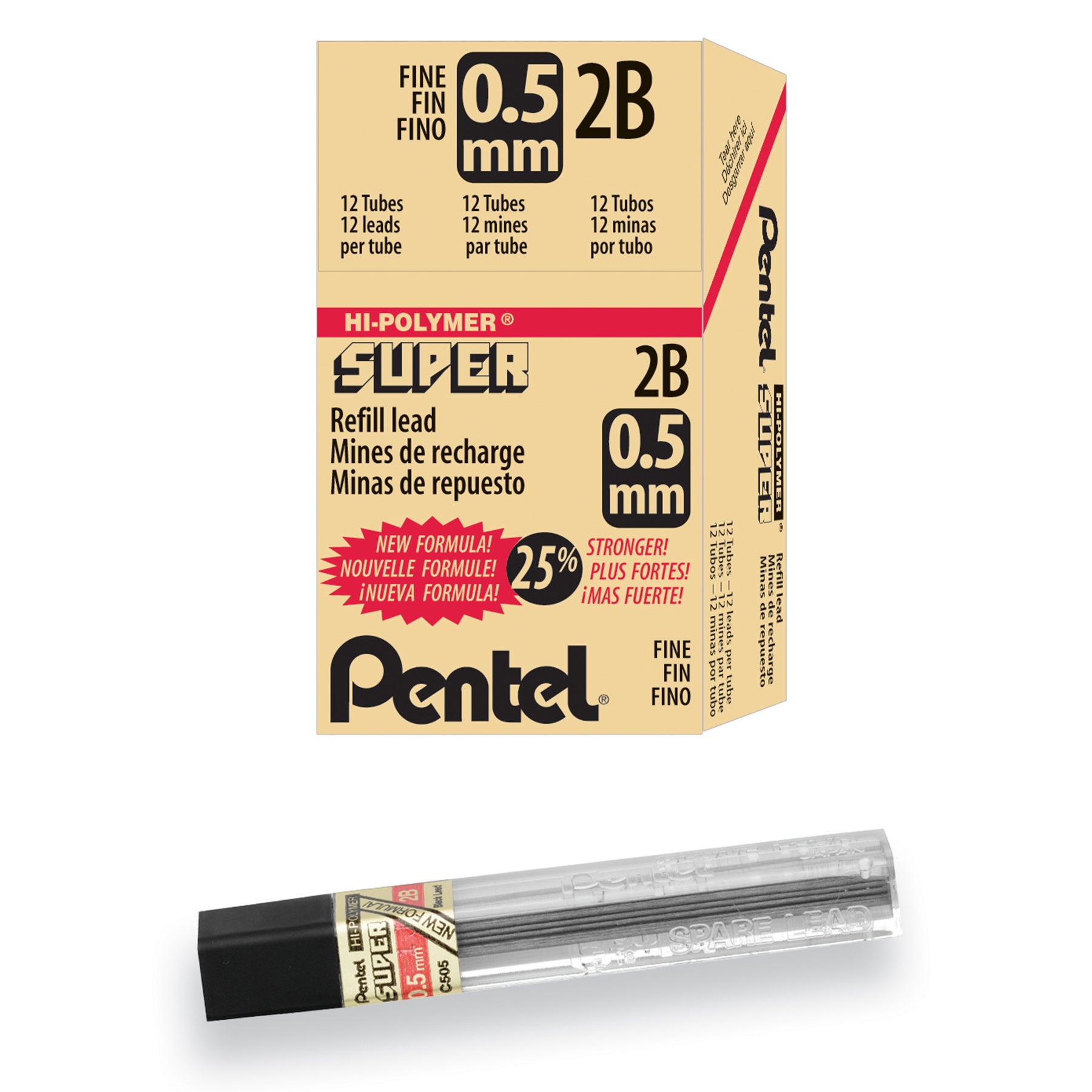 Super Hi-Polymer Lead Refill (0.5mm) Fine, 2B, 12 Pieces/Tube, 12 Tubes/Box