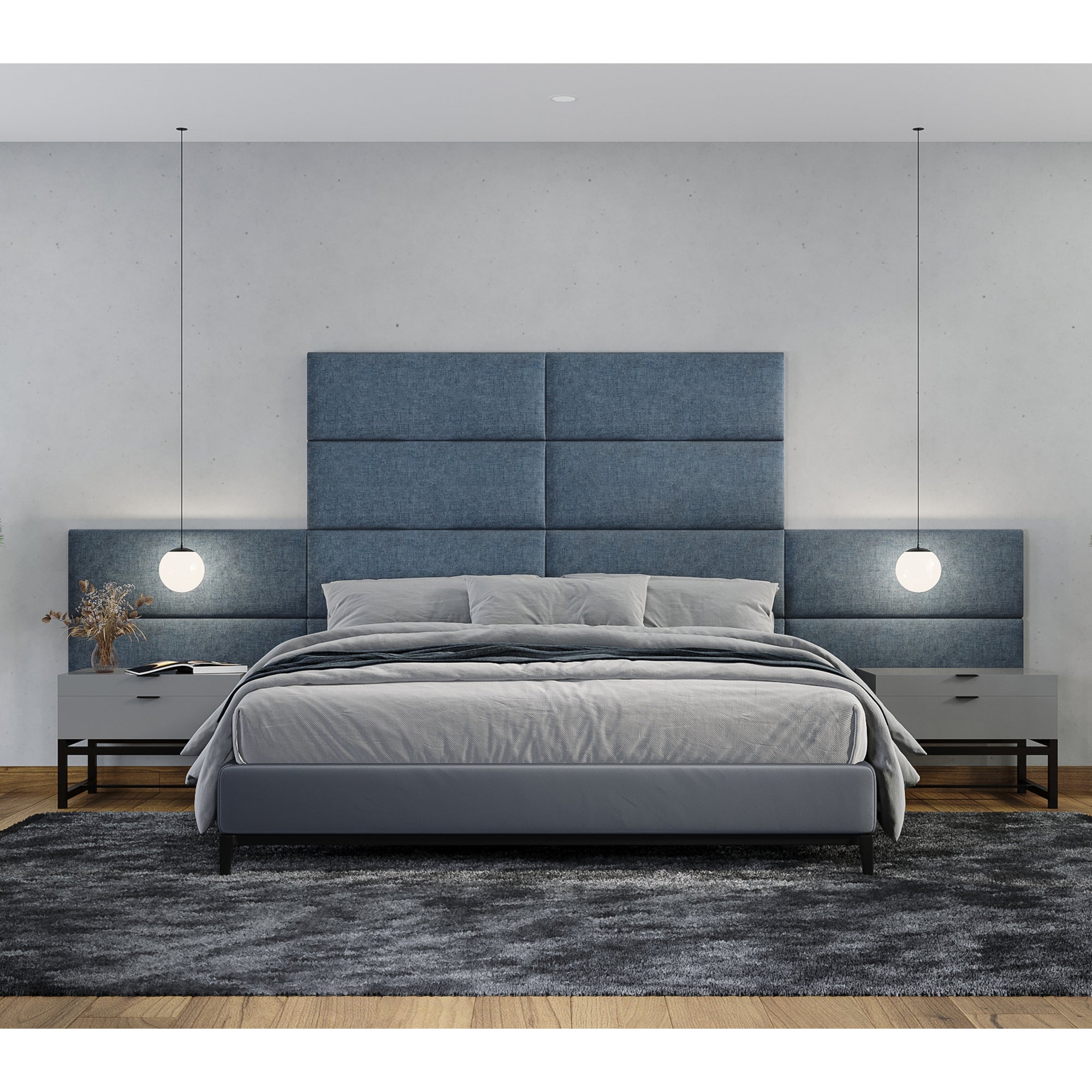 Jaxx Panelist Modern Padded Headboard – Set of 4 Wall Mounted Panels - Queen, Limestone Grey Microvelvet