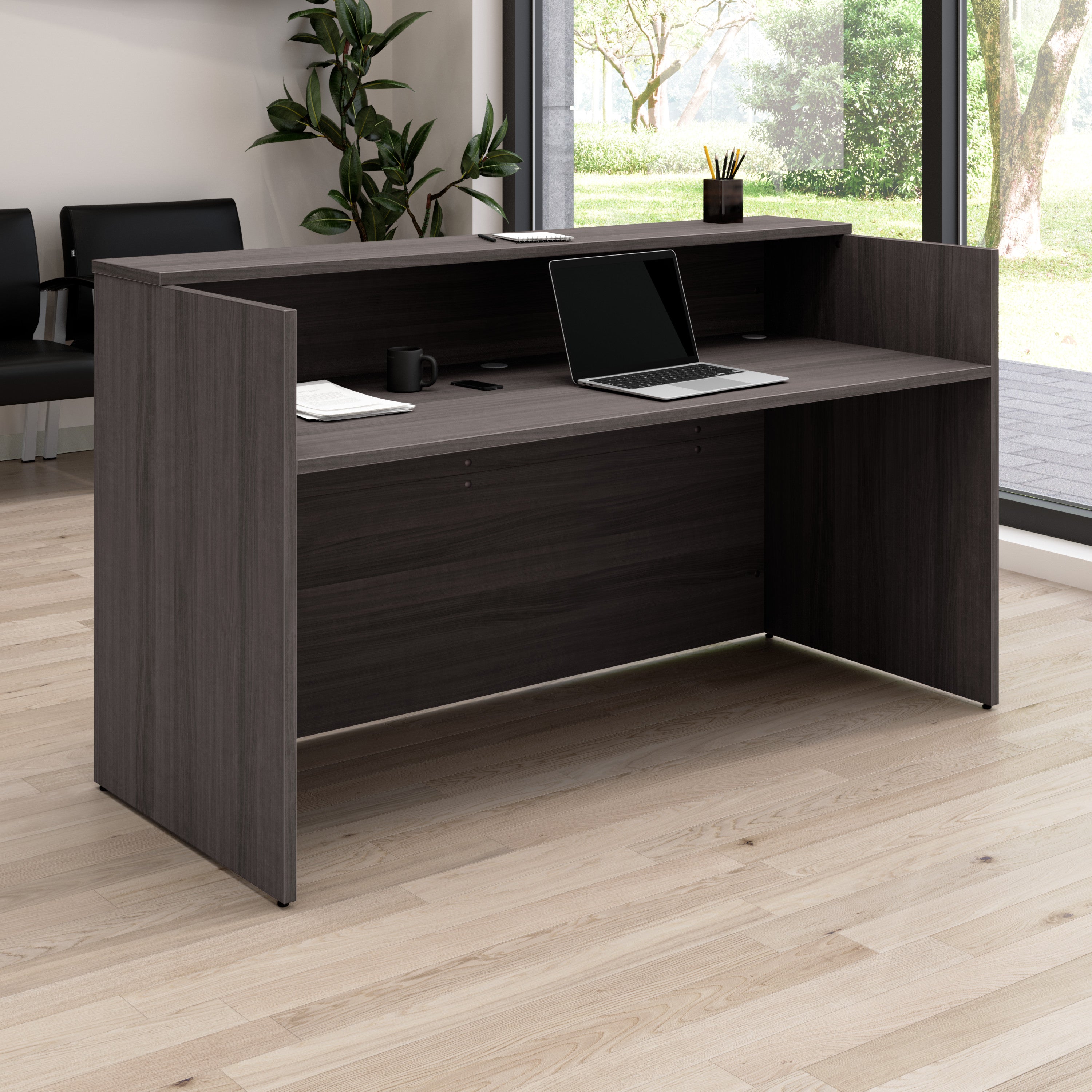 Bush Business Furniture Arrive 72W x 30D Reception Desk with Shelf in Storm Gray - 71.02" Width x 29.49" Depth x 40.35" Height