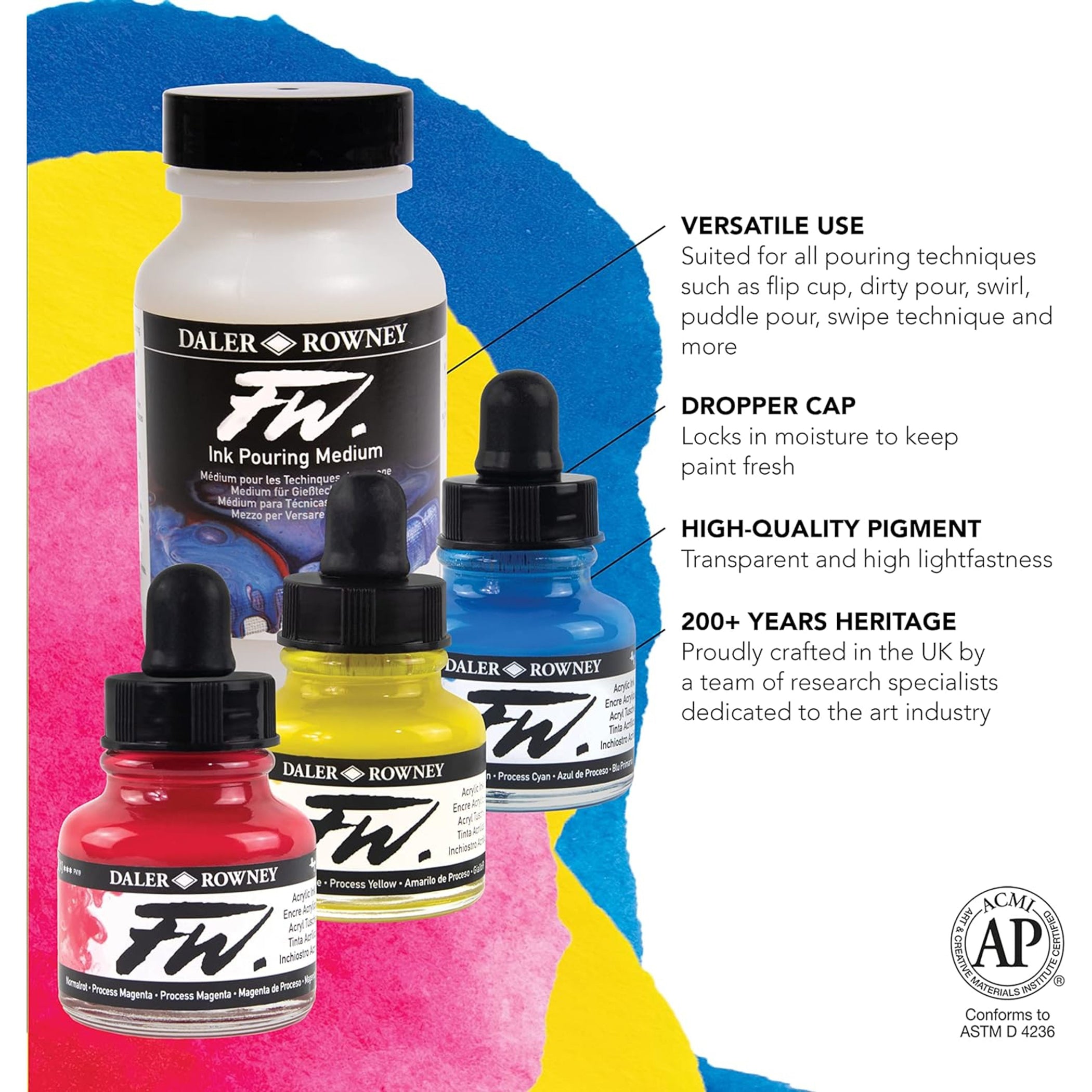 FW Acrylic Ink Pouring Set, Assorted Colors with Pouring Medium, 29.5ml, 4 Pieces