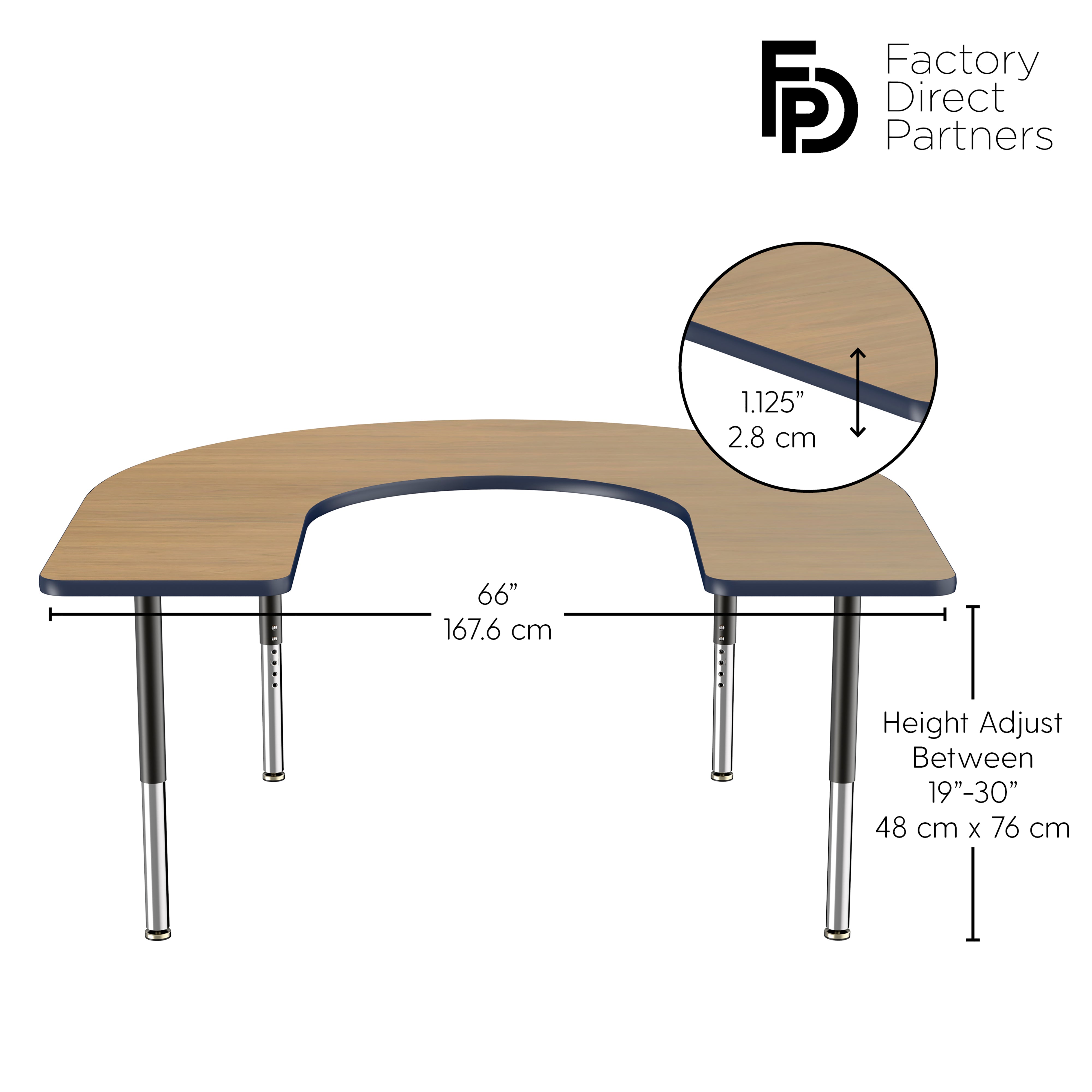 60" x 66" Horseshoe T-Molding Activity Table with Adjustable Super Legs - Pasadena Oak/Navy/Black