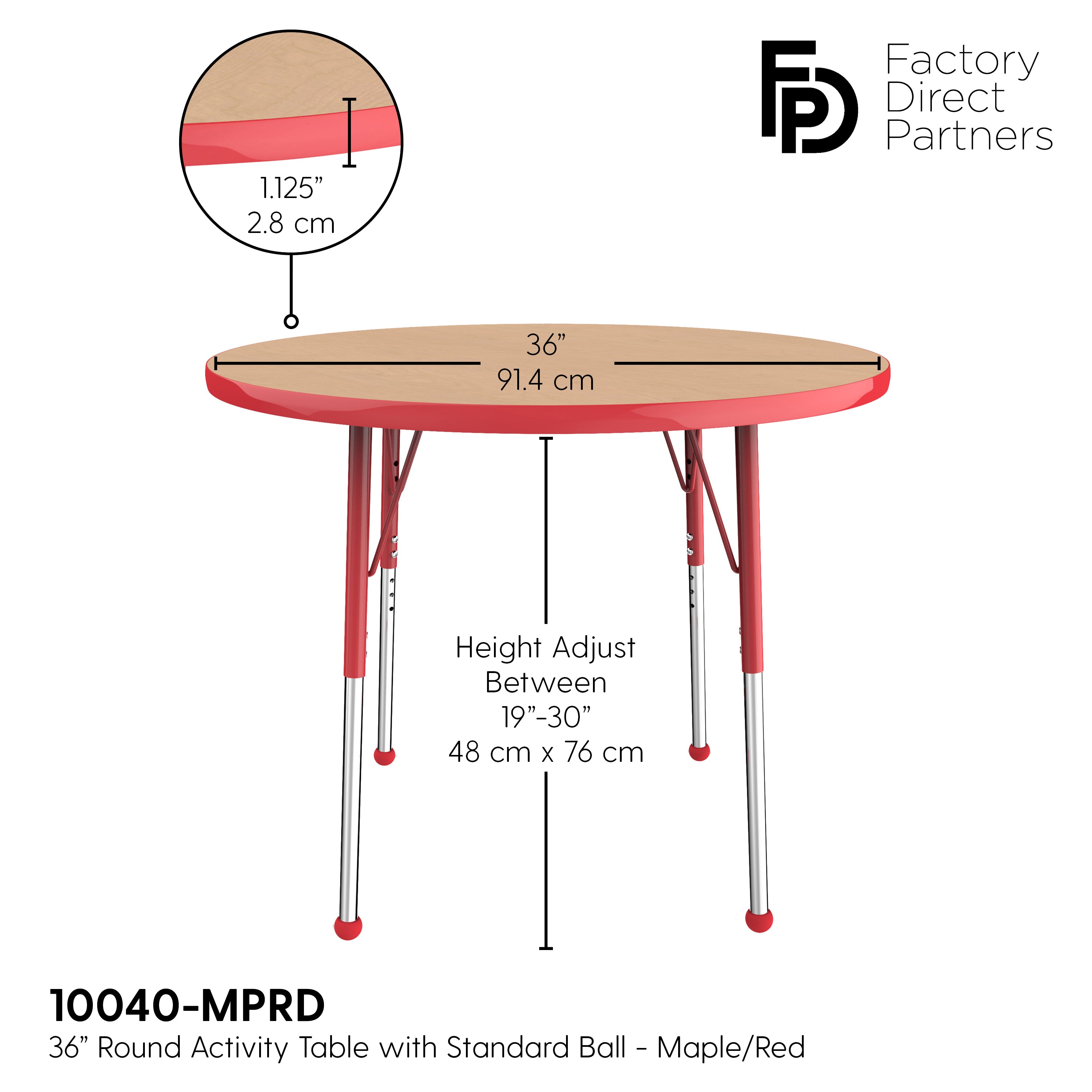 36" Round T-Molding Activity Table with Adjustable Standard Ball Glide Legs - Maple/Red