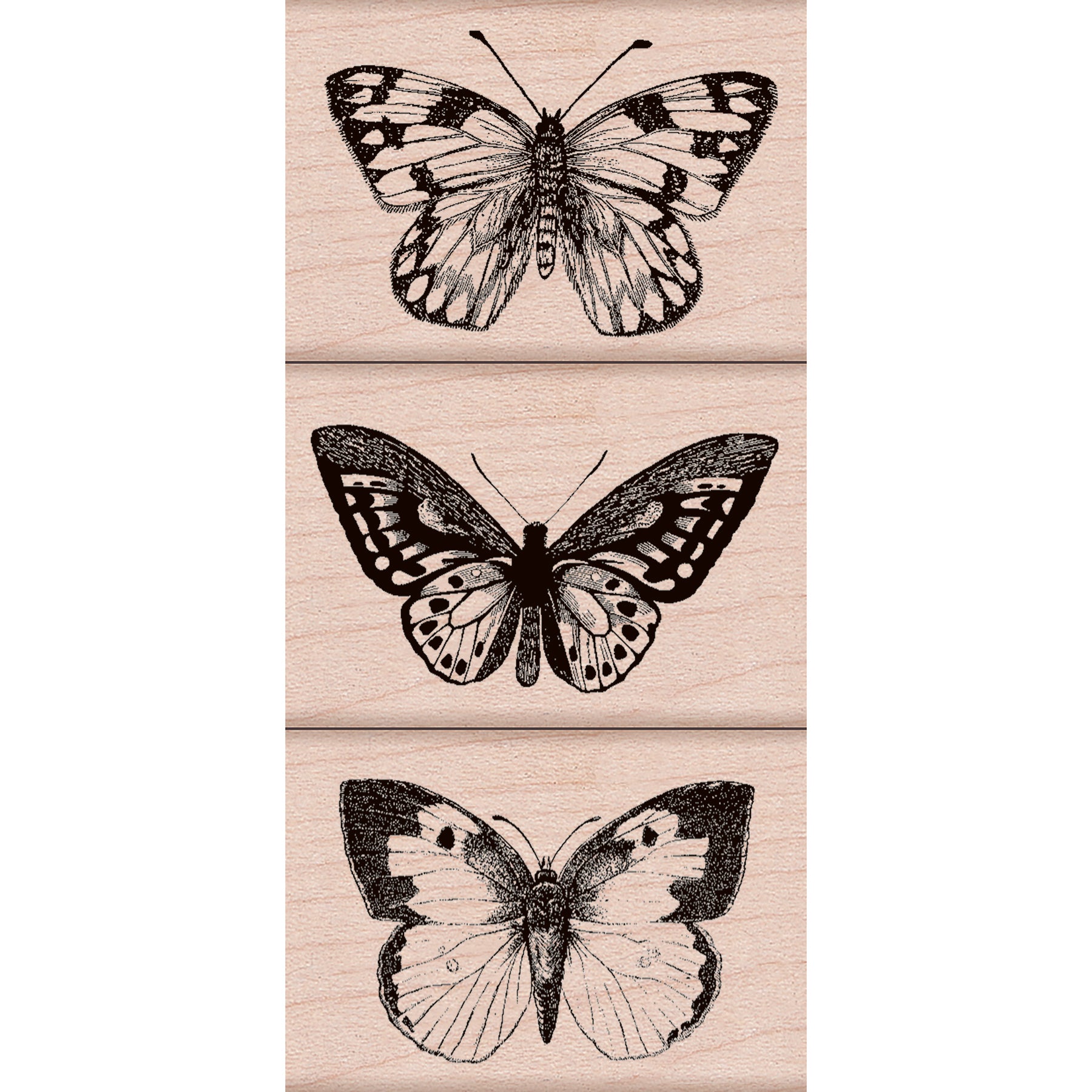 Three Artistic Butterflies Wood Stamp Set, 3 Stamps