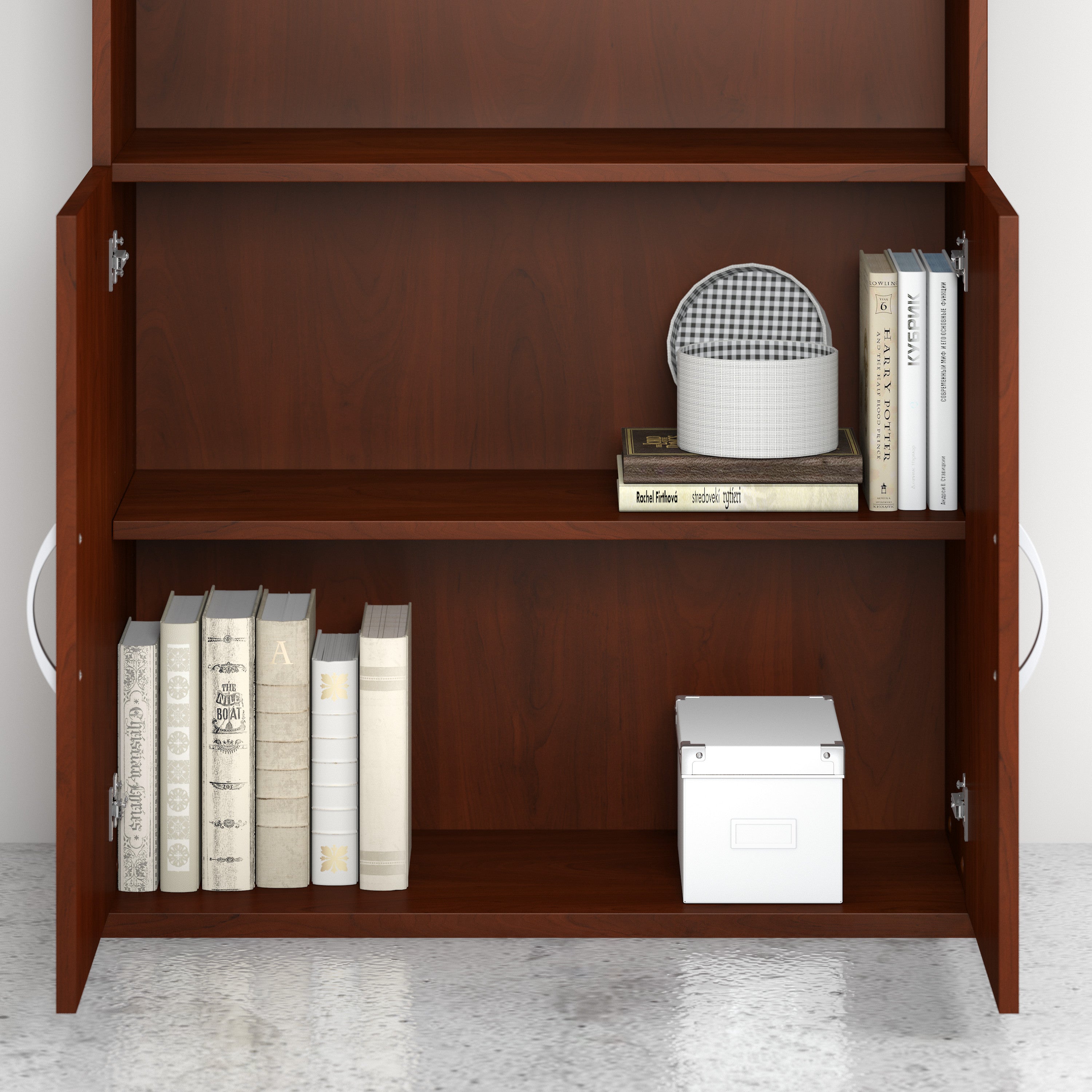 Bush Business Furniture Studio C 5 Shelf Bookcase with Doors in Hansen Cherry - 35.67" Width x 15.35" Depth x 72.8" Height