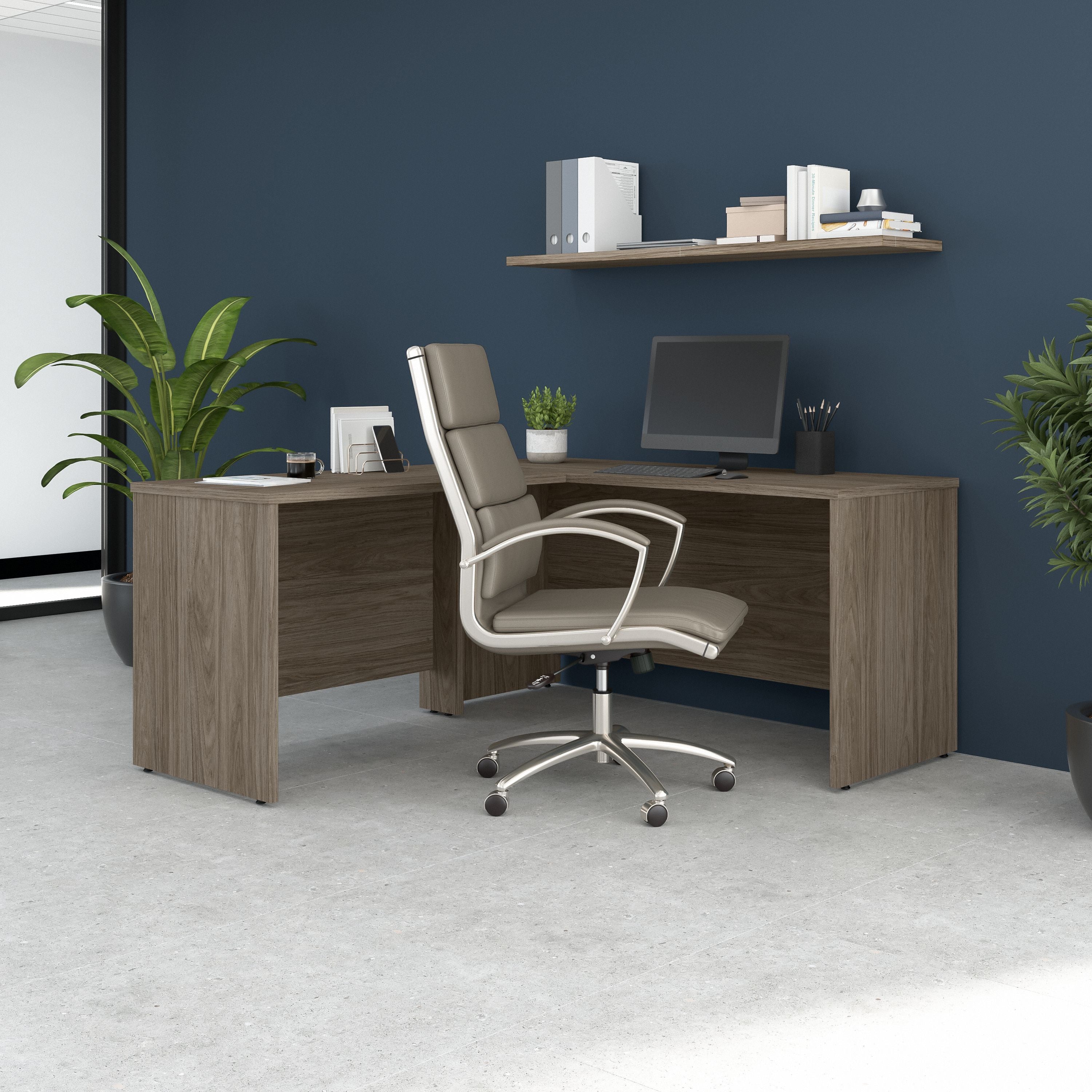 Bush Business Furniture Studio C 60W x 24D L Shaped Desk with 42W Return in Modern Hickory - 59.45" Width x 65" Depth x 29.84" Height