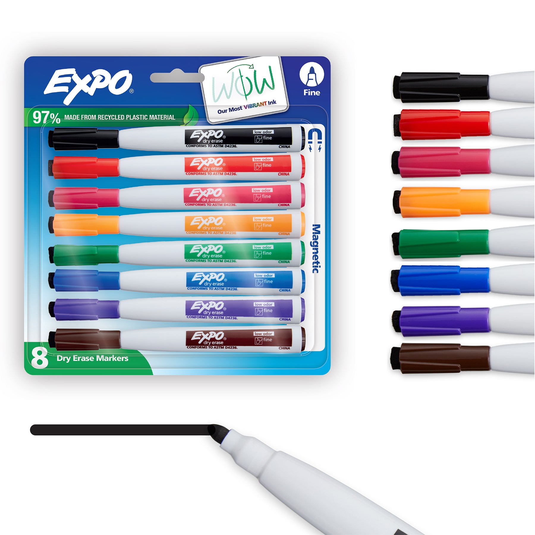Magnetic Dry Erase Markers with Eraser, Fine Tip, Assorted Colors, 8-Count