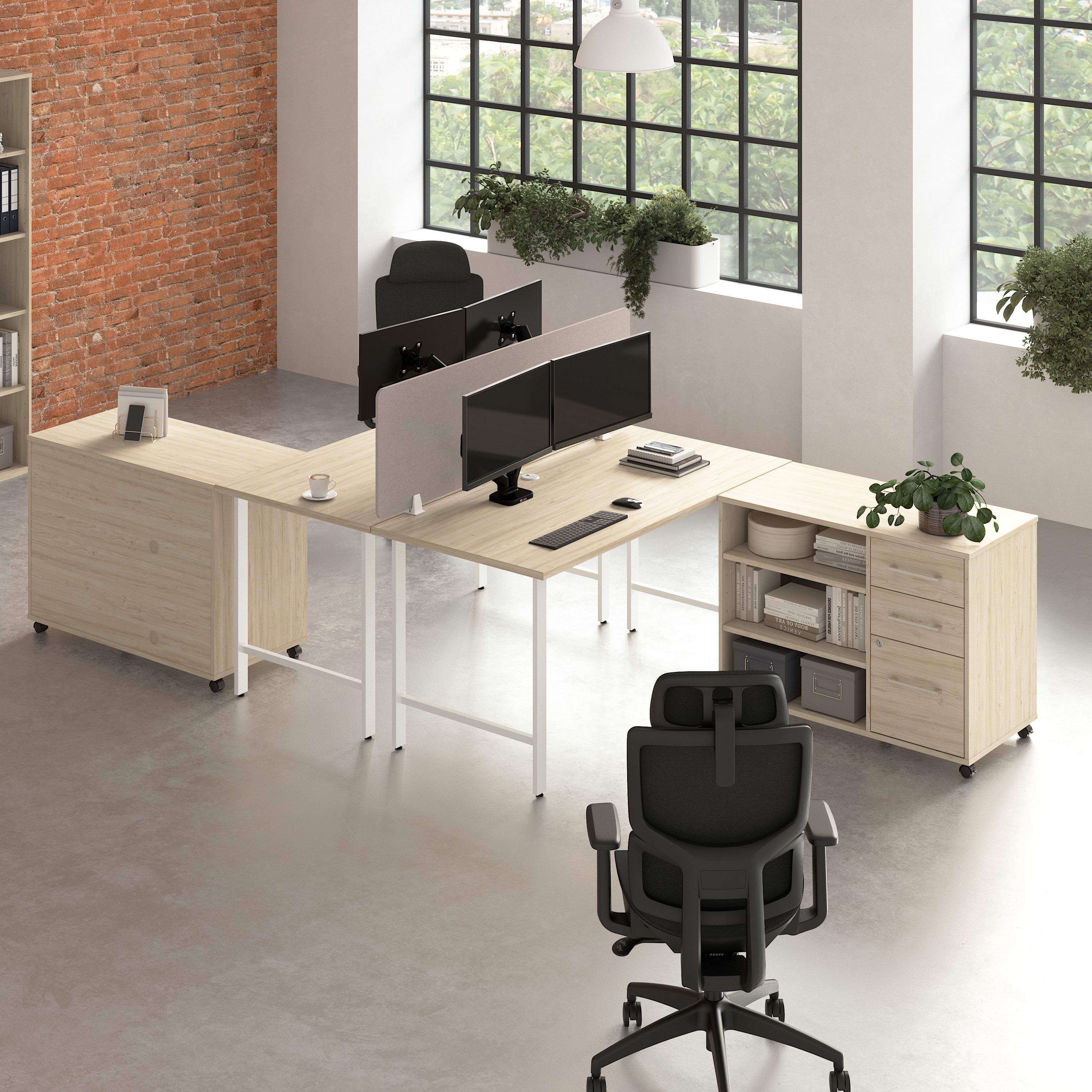 Bush Business Furniture Hustle 2 Person Computer Desk with Mobile Storage Cabinets, Power Grommets, and Privacy Screen in Natural Elm - 59.44" Width x 29.37" Depth x 30.07" Height