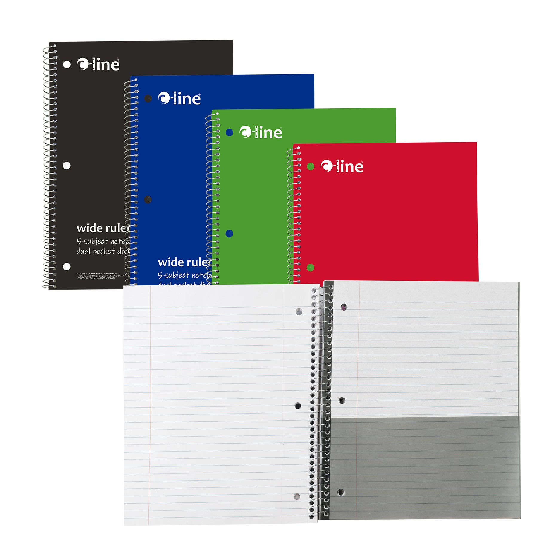 5-Subject Notebook, Wide Ruled, 180 Sheets, Assorted Colors