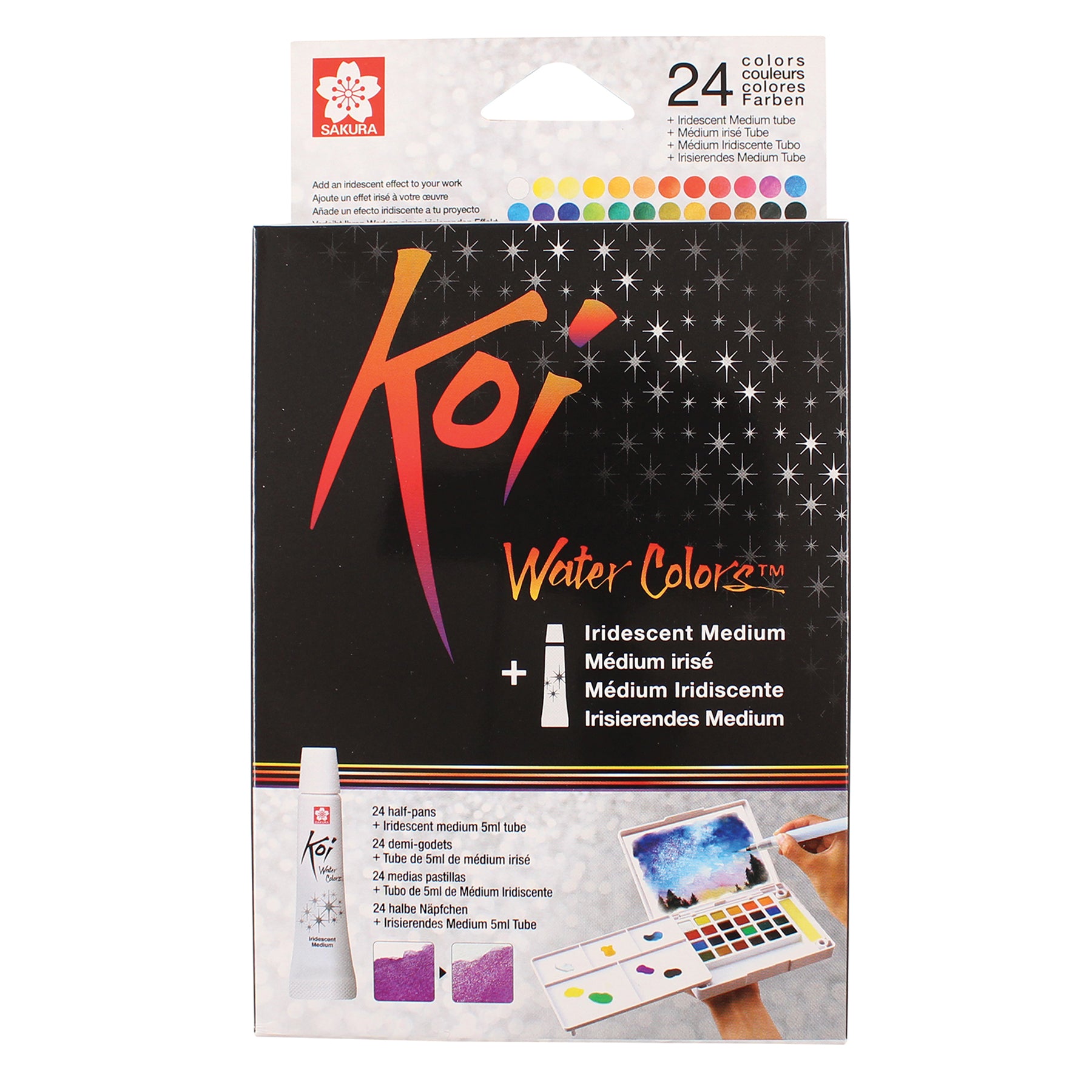 Koi Water Colors Field Sketch Box with Brush, 24 Colors & 5mL Iridescent Medium