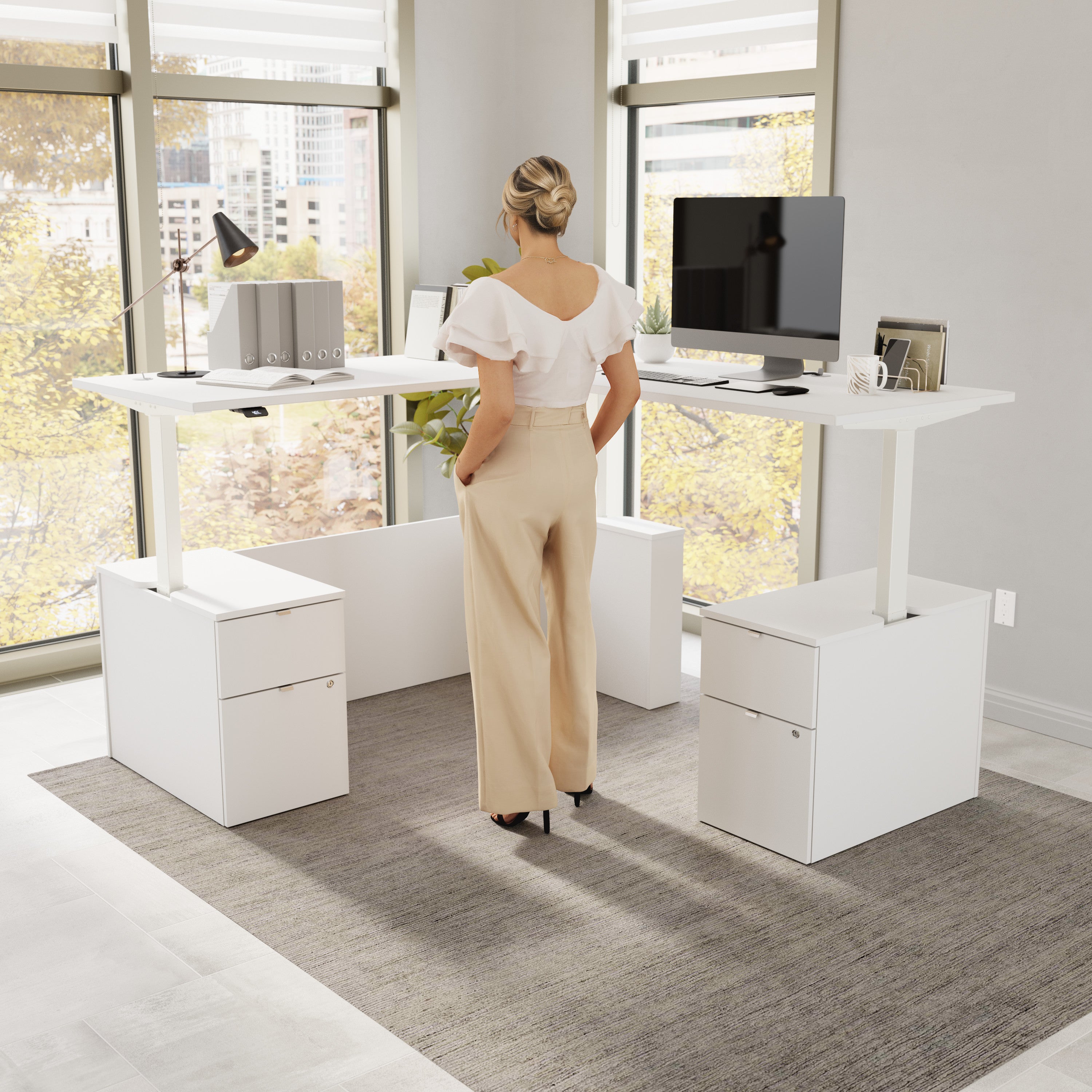 Bush Business Furniture Stratus&nbsp;72W x&nbsp;78D Height Adjustable L Shaped Standing Desk with Drawers in White with White Base - 71.02" Width x 76.97" Depth x 27.44" Height