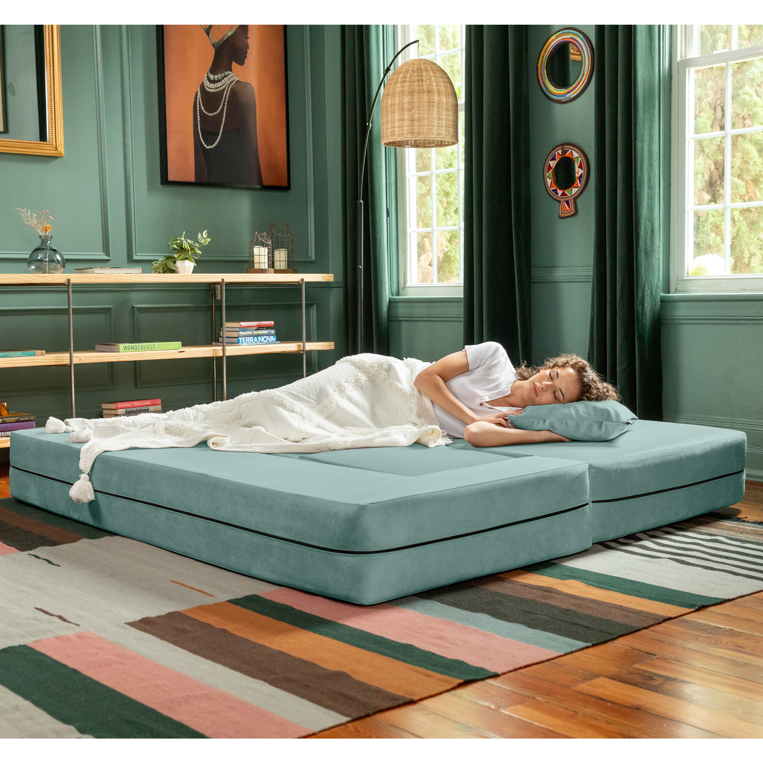 Jaxx Zipline Convertible Sleeper Sofa & Three Ottomans/California King-Size Bed, Textured Microvelvet - Caribbean