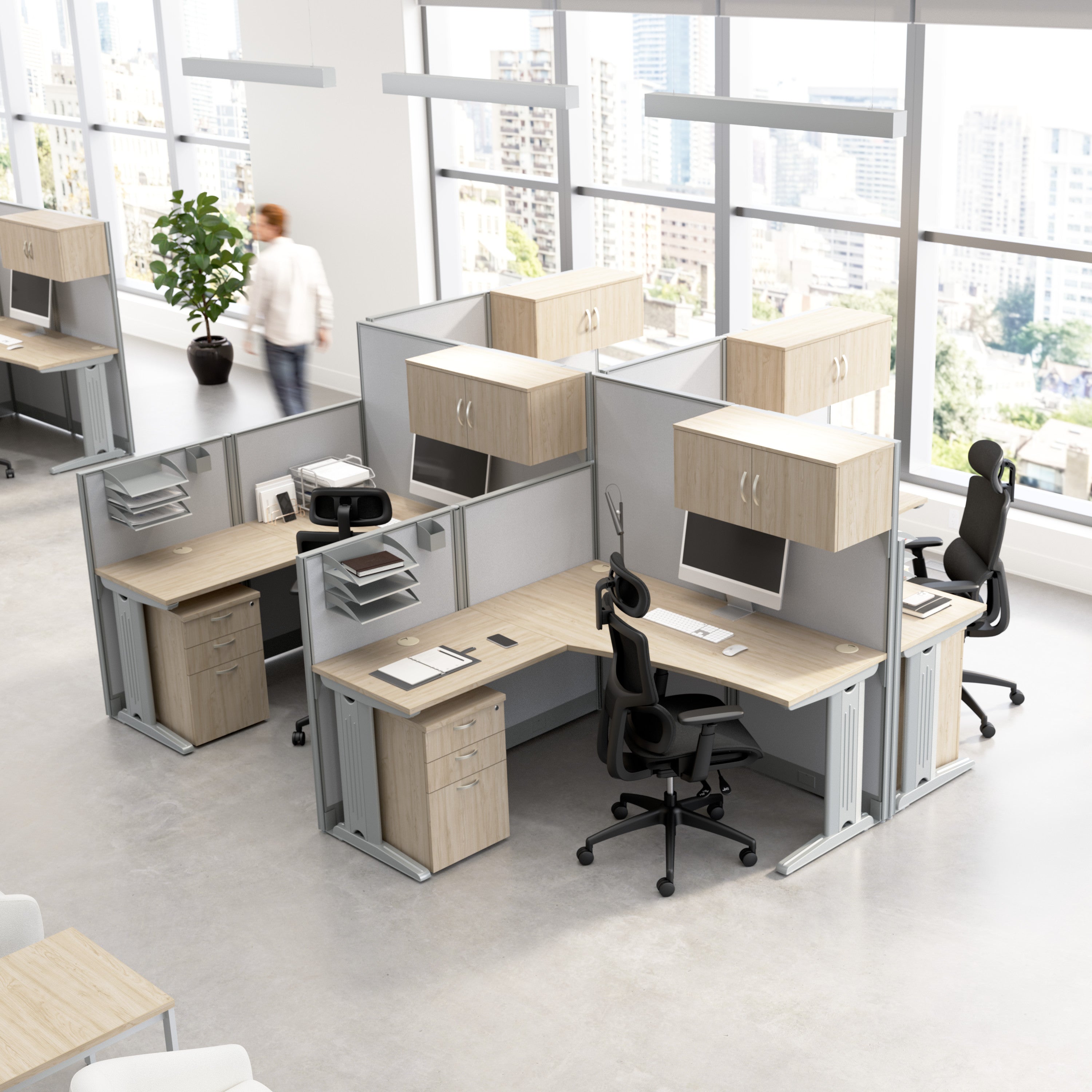 Bush Business Furniture Office in an Hour 3 Person L Shaped Cubicle Desks with Storage, Drawers, and Organizers in Natural Elm - 193.47" Width x 64.48" Depth x 62.86" Height
