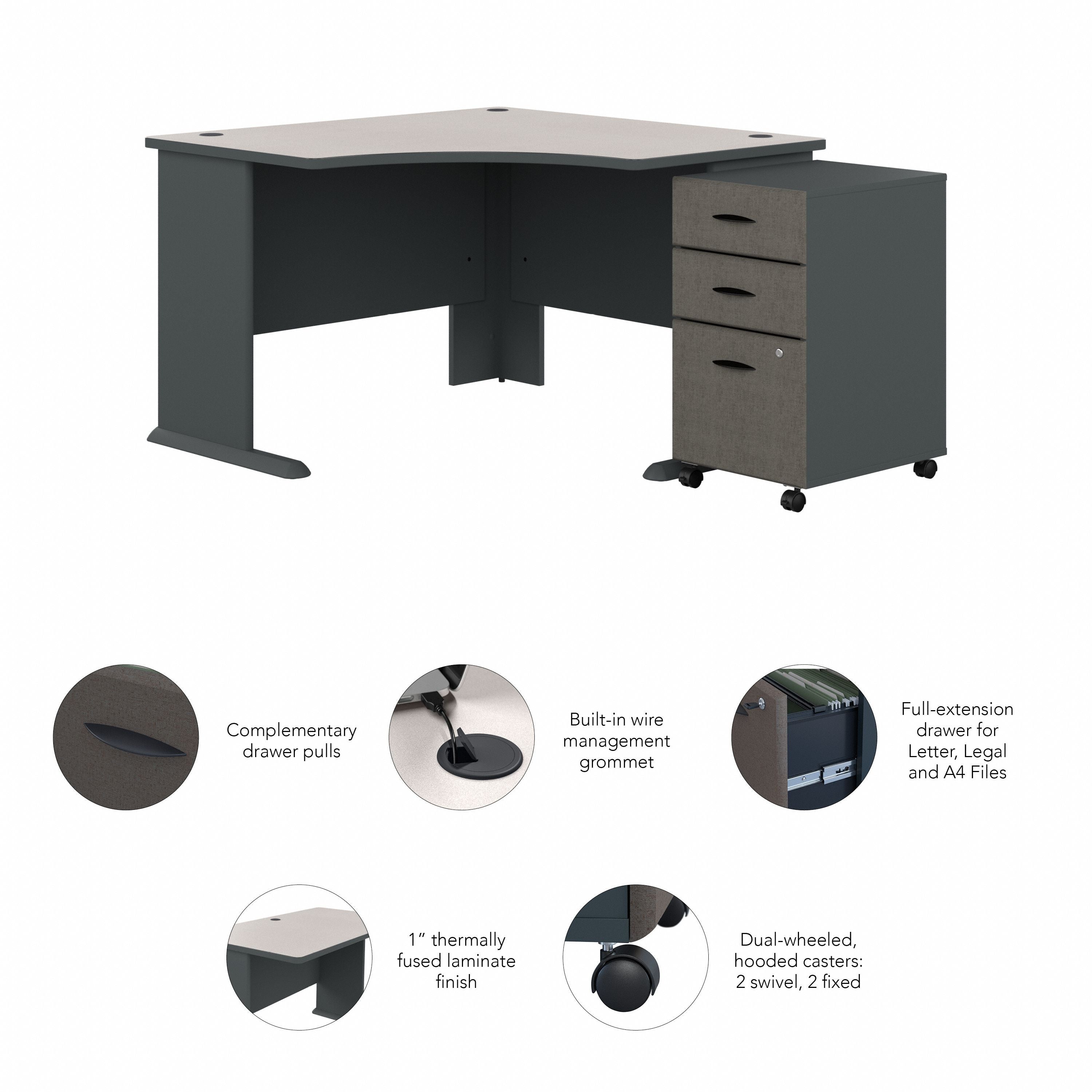 Bush Business Furniture Series A 48W Corner Desk with Mobile File Cabinet in Slate and White Spectrum - 51.52" Width x 47.17" Depth x 29.66" Height