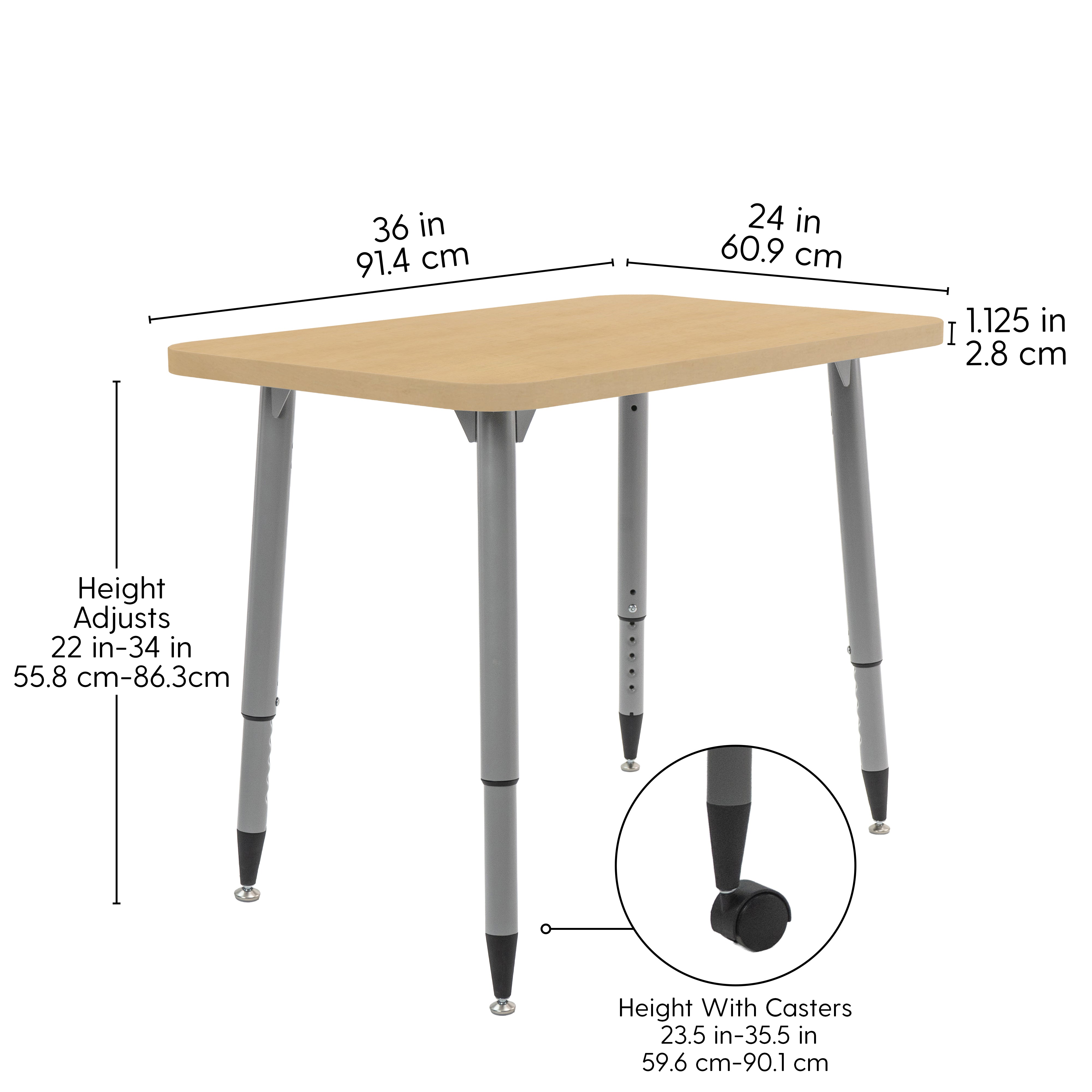 Adapte 24" x 36" Rectangle Woodgrain Activity Table with Adjustable Tapered Legs - Maple Grain/Silver