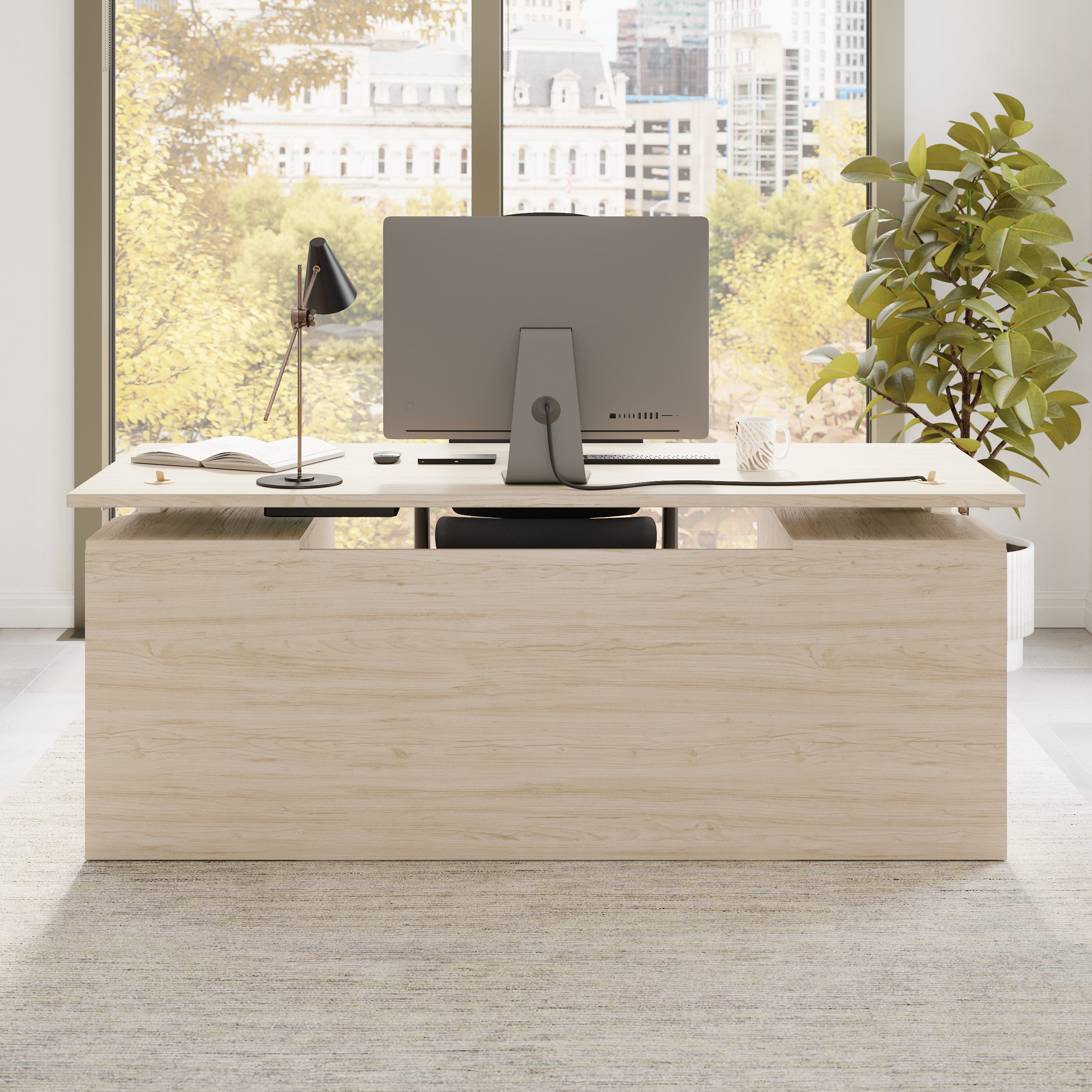 Bush Business Furniture Stratus&nbsp;72W x&nbsp;30D Electric Standing Desk with Drawers and Modesty Panel in Natural Elm with White Base - 71.02" Width x 29.37" Depth x 27.44" Height