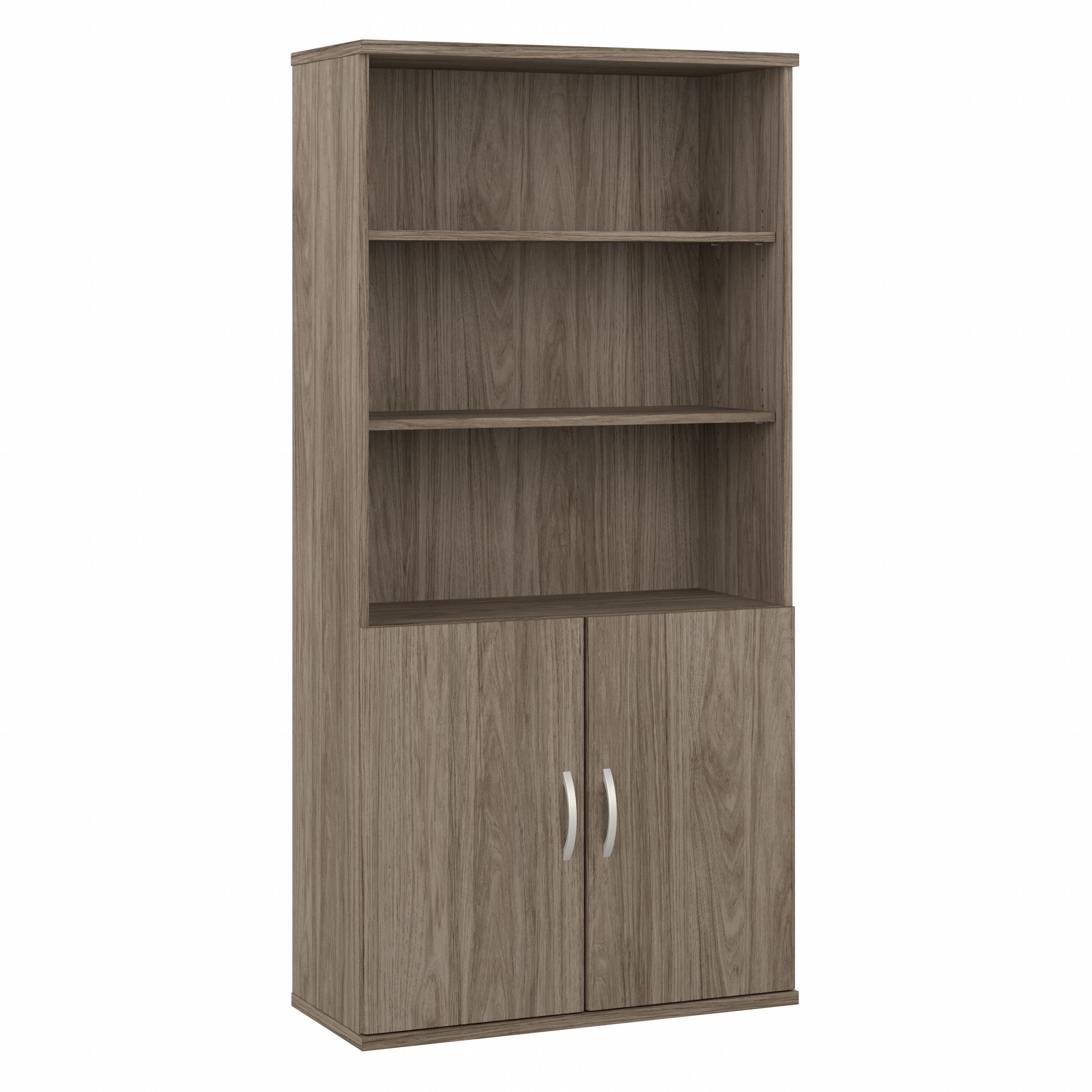 Bush Business Furniture Hybrid Tall 5 Shelf Bookcase with Doors in Modern Hickory - 35.71" Width x 15.43" Depth x 72.8" Height