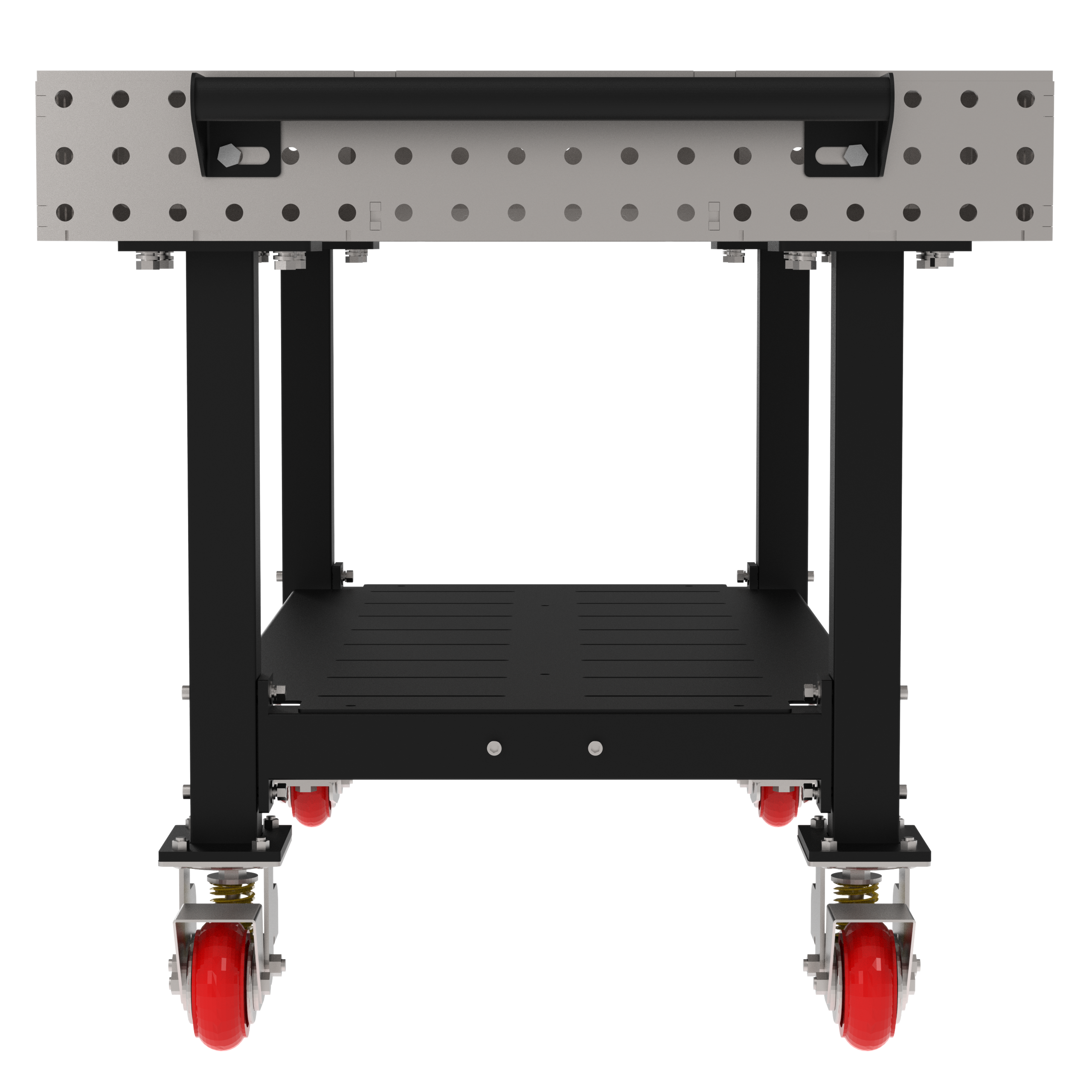 Welding Fixture Table, Fixed Height, 36"H x 60"L x 36"D, 1/4" Carbon Steel Top, Four Black Powdercoat Legs, Shelf, Handle, 4 Heavy Duty Suspension Casters (2 Locking/Swiveling Casters and 2 Non-Locking/Non-SwivelingCasters)
