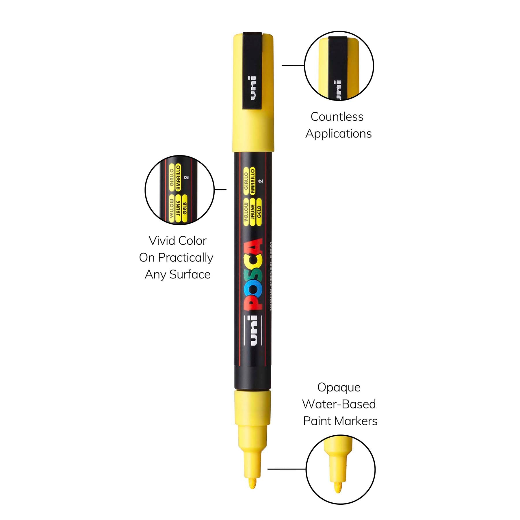 uni® POSCA PC-3M Water-Based Paint Markers, Reversible Fine Tip (0.9-1.3mm), Yellow