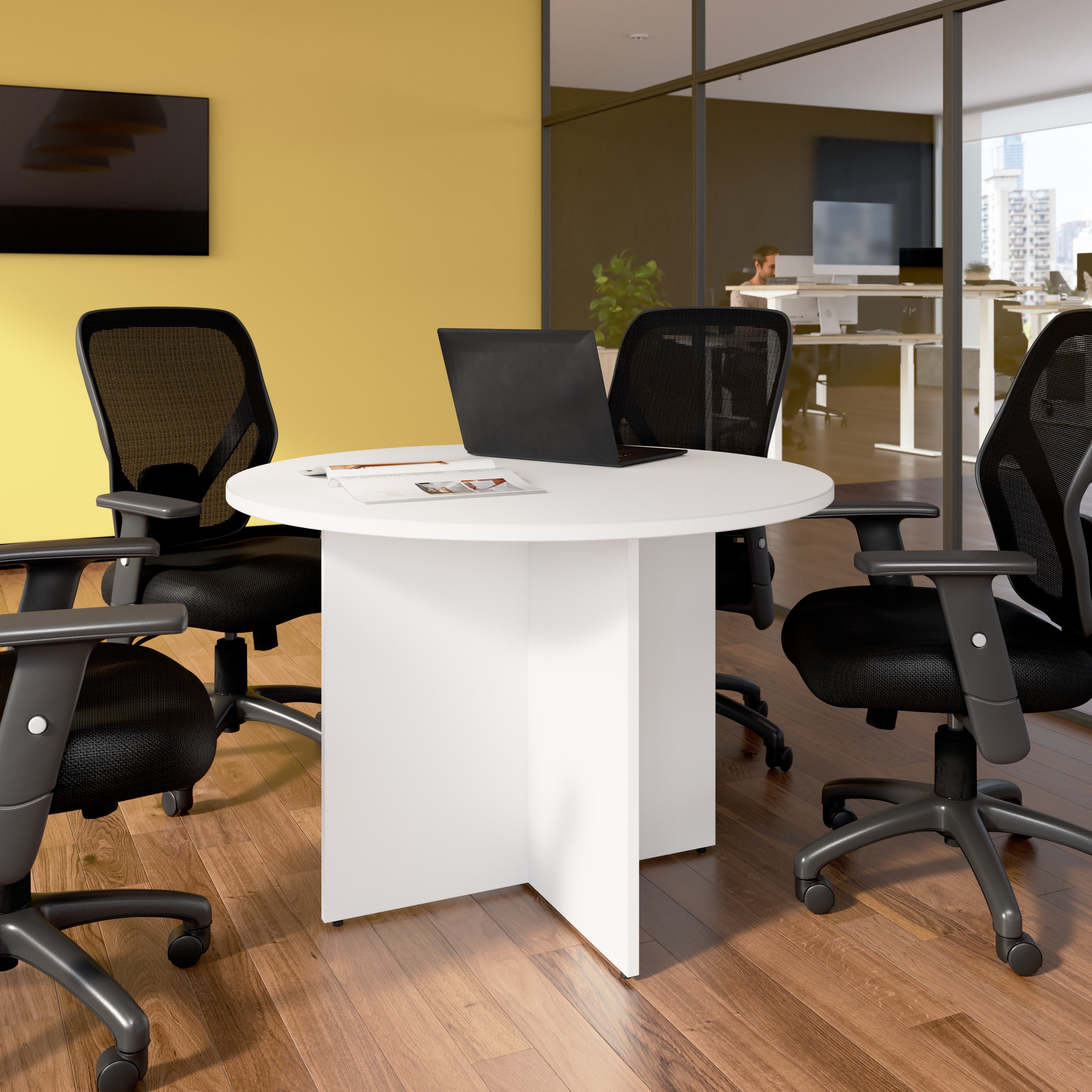 Bush Business Furniture 42-inch Round Conference Table with Wood Base in White - 41.38" Width x 41.38" Depth x 28.65" Height