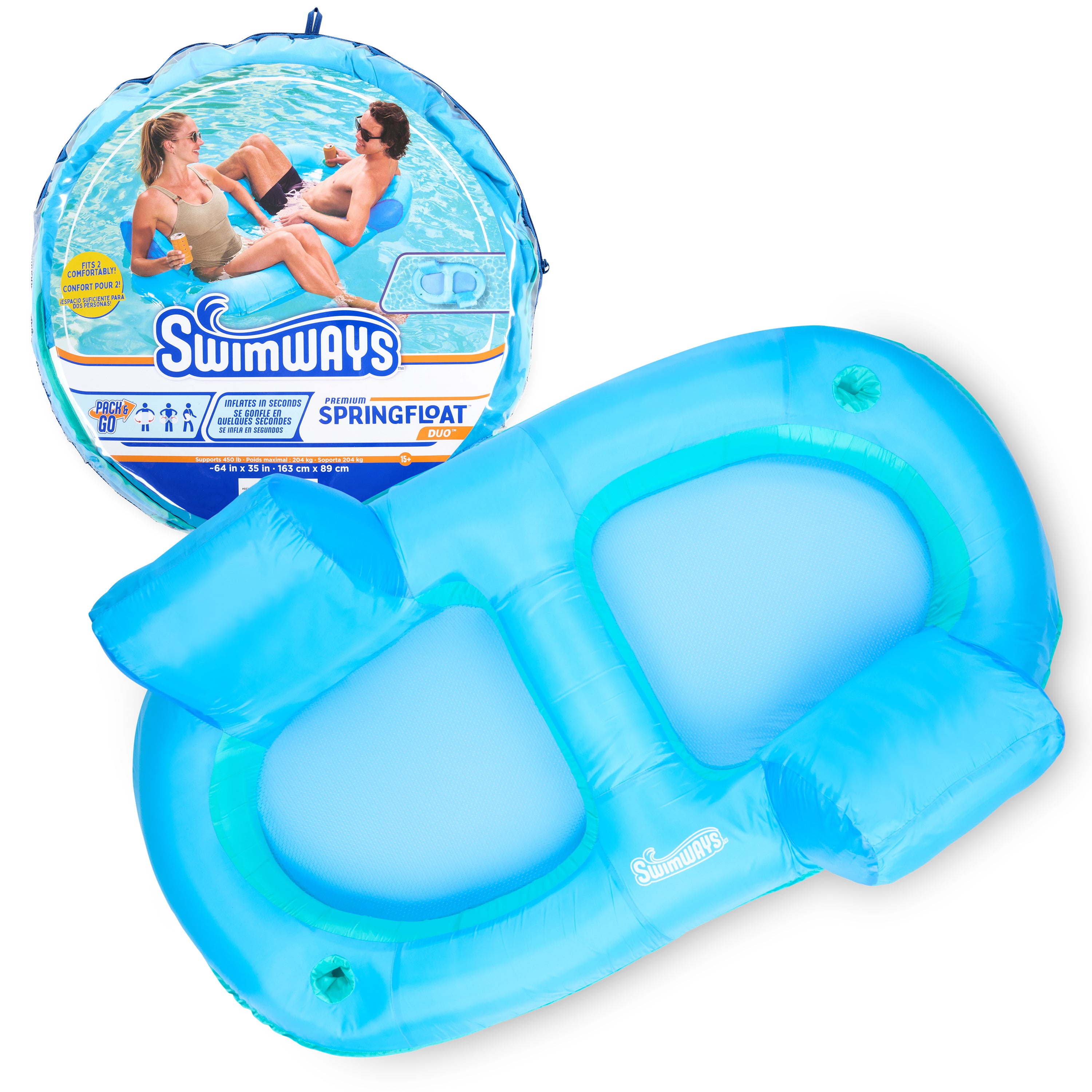 SwimWays Spring Float Premium Duo, Pool Chair Fits 2 Adults, Inflatable Pool Floats Adult with Fast Inflation for Ages 15 & Up