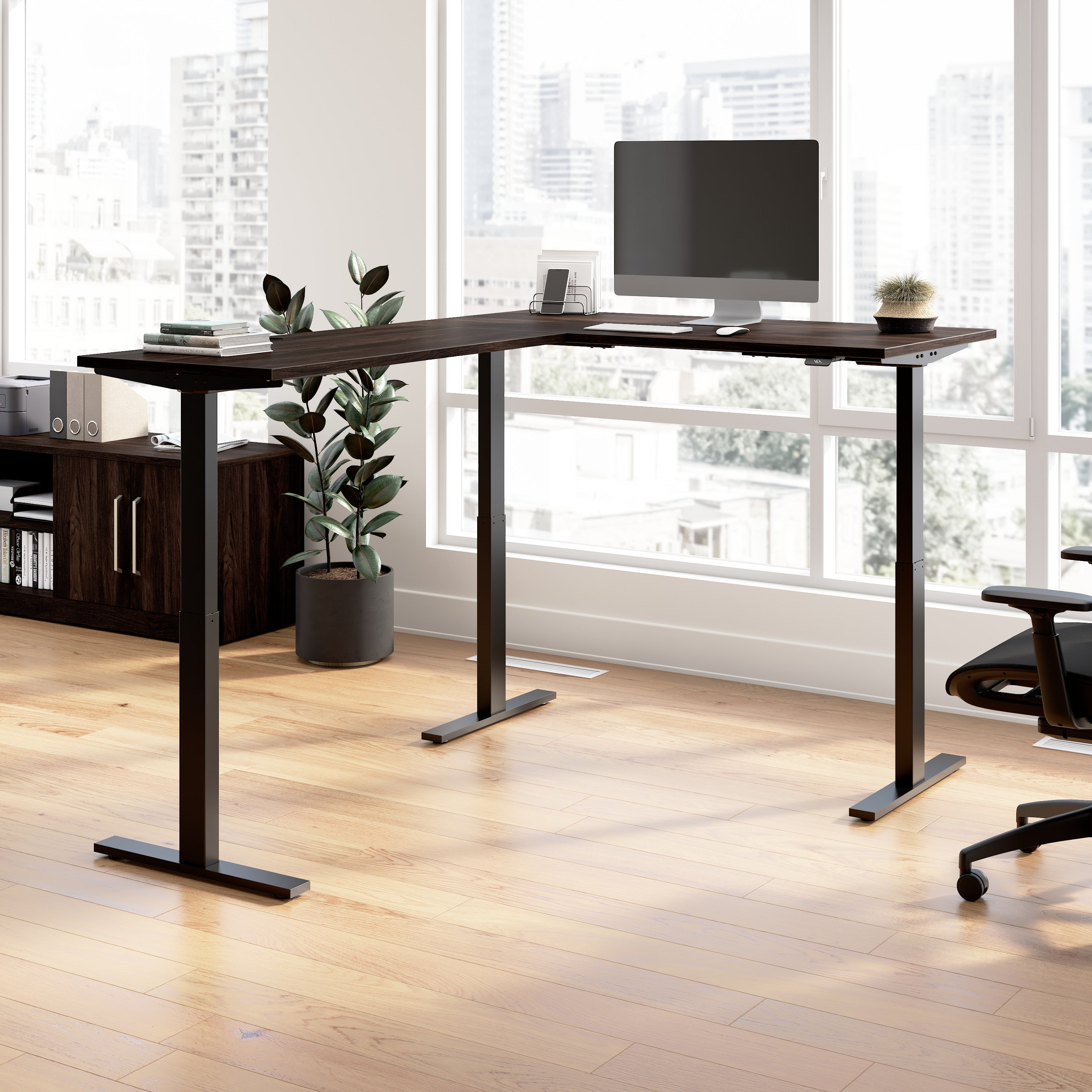 Bush Business Furniture Move 60 Series 60W Height Adjustable L Shaped Standing Desk in Black Walnut with Black Base - 59.45" Width x 76.97" Depth x 27.44" Height