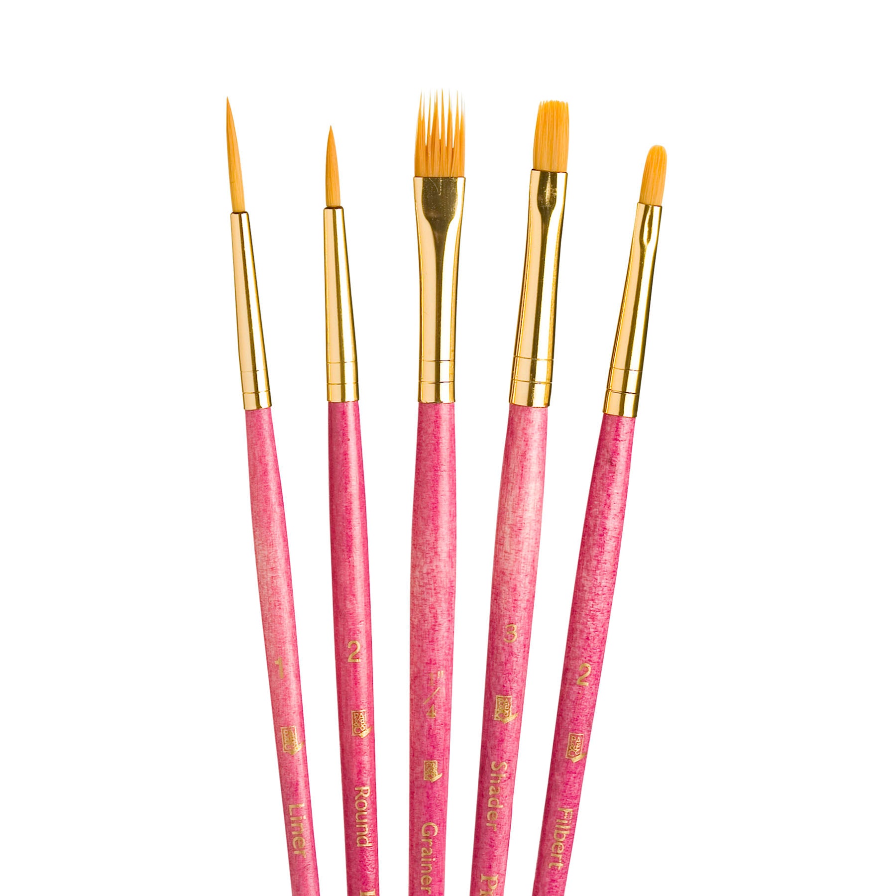 RealValue Brush Set, Gold Taklon Bristles, Short Handle Mixed Media Paintbrush, Pink, 5 Pieces