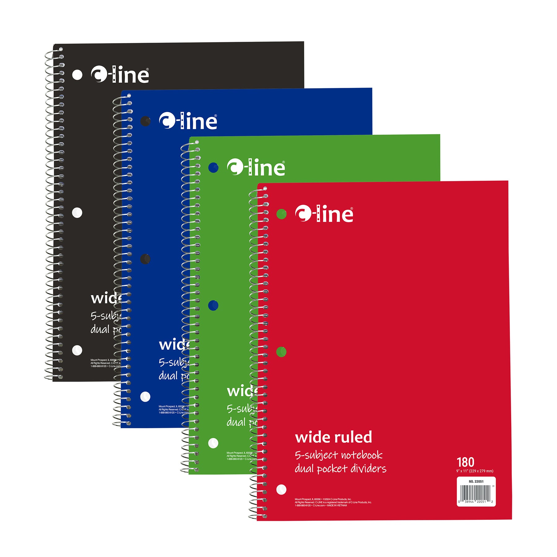 5-Subject Notebook, Wide Ruled, 180 Sheets, Assorted Colors