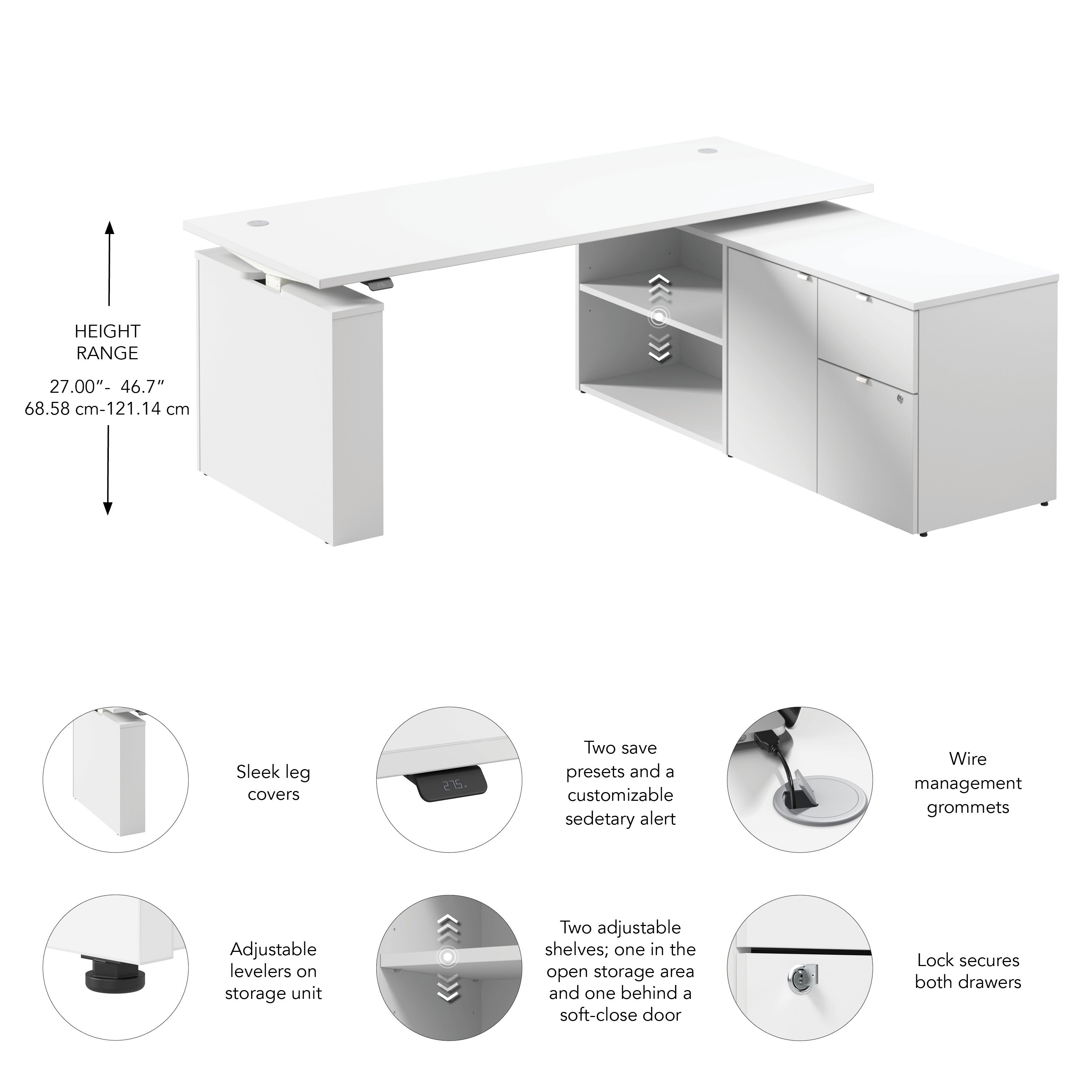 Bush Business Furniture Stratus&nbsp;72W x&nbsp;30D Electric Height Adjustable Standing Desk with Storage in White with White Base - 71.02" Width x 29.37" Depth x 27.44" Height