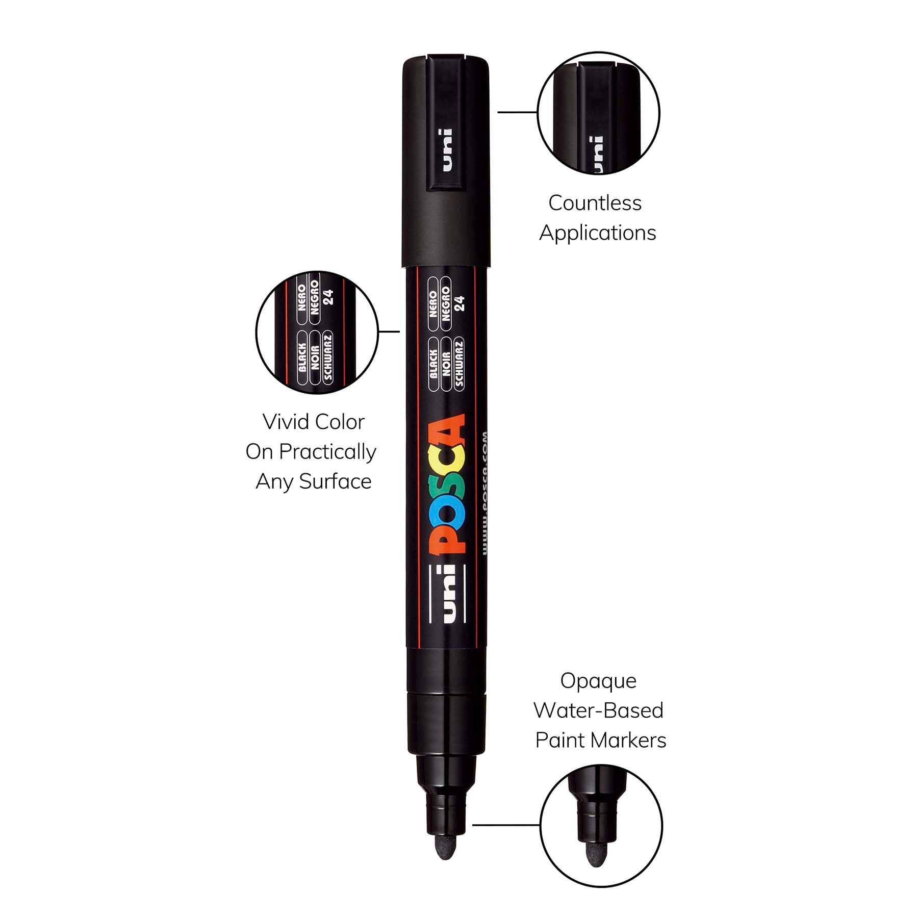 uni® POSCA PC-5M Water-Based Paint Markers, Reversible Medium Tip (1.8-2.5mm), Black