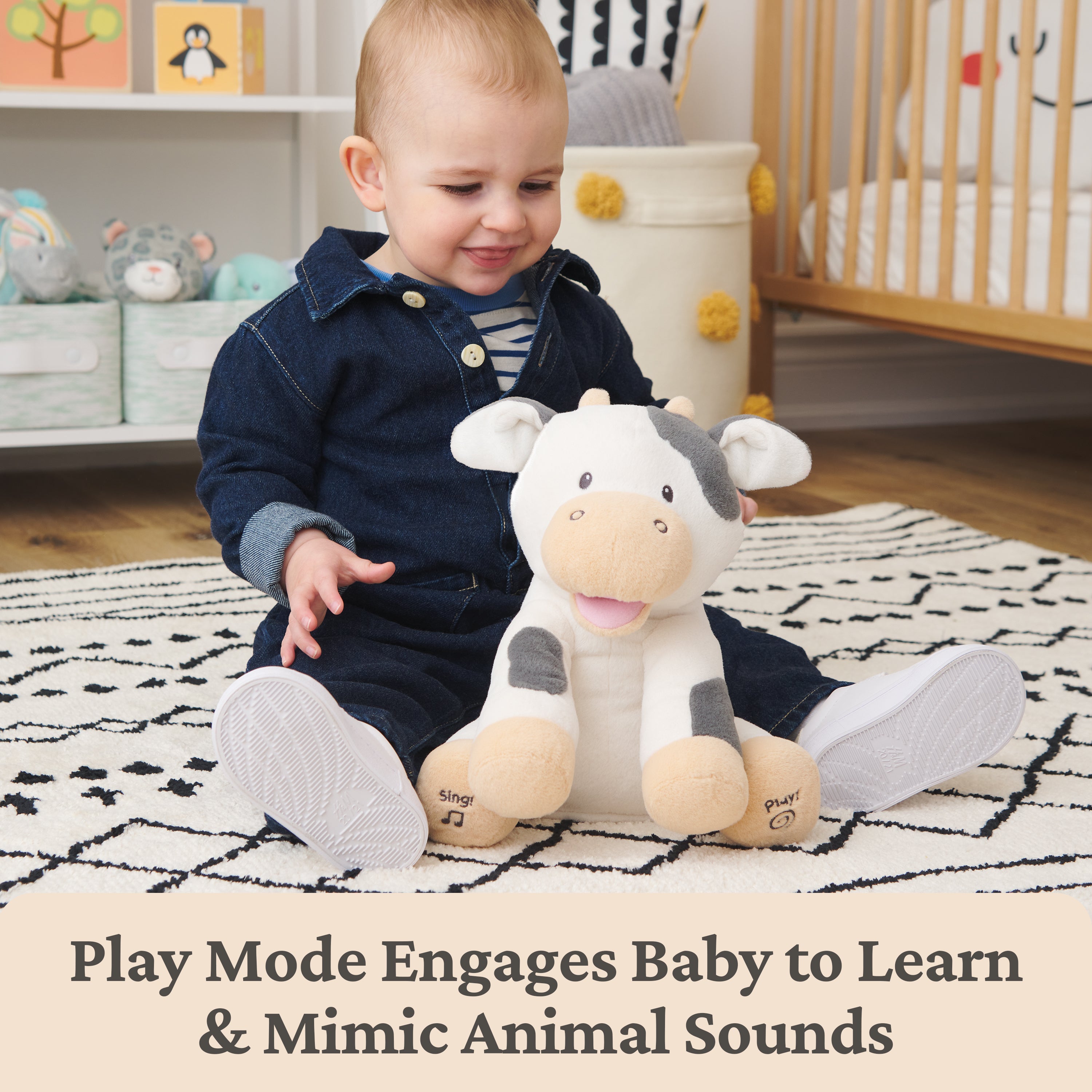 Baby GUND Buttermilk the Cow Animated Plush, Singing Stuffed Animal Sensory Toy, Sings Old MacDonald and Teaches Animal Sounds, Cream/Grey, 12”