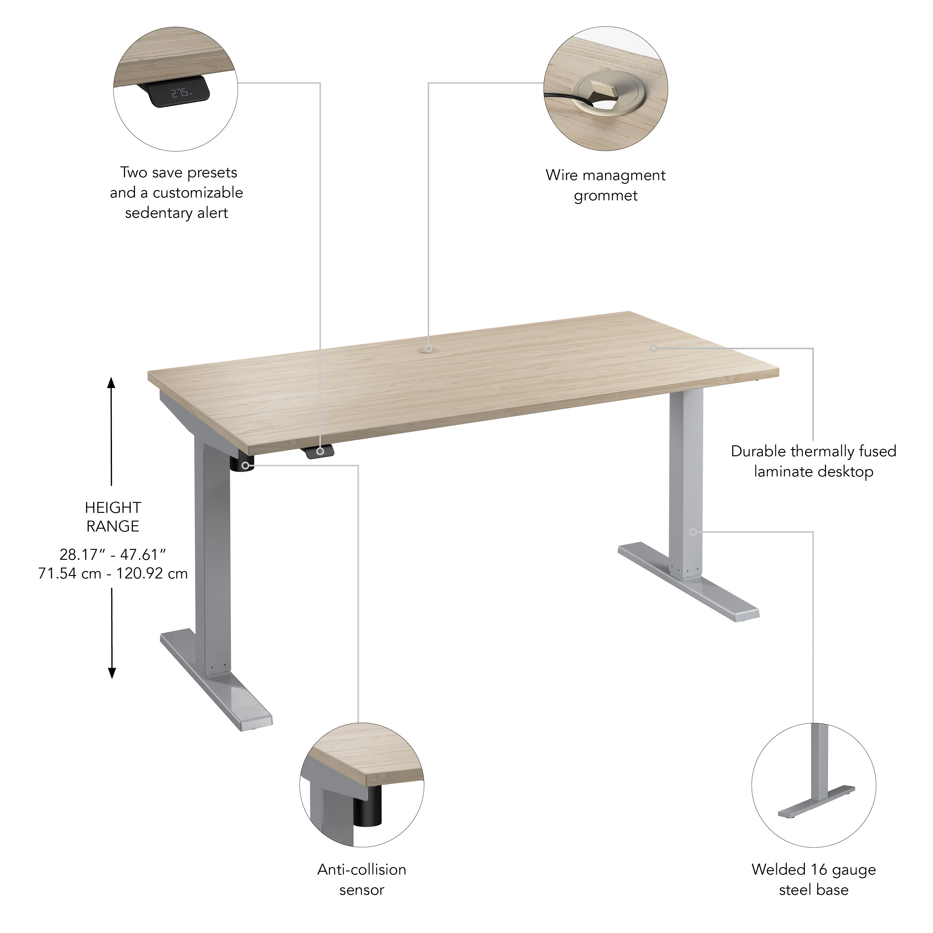 Bush Business Furniture Move 40 Series 60W x 30D Electric Height Adjustable Standing Desk in Natural Elm with Metallic Gray Base - 59.45" Width x 29.37" Depth x 28.17" Height