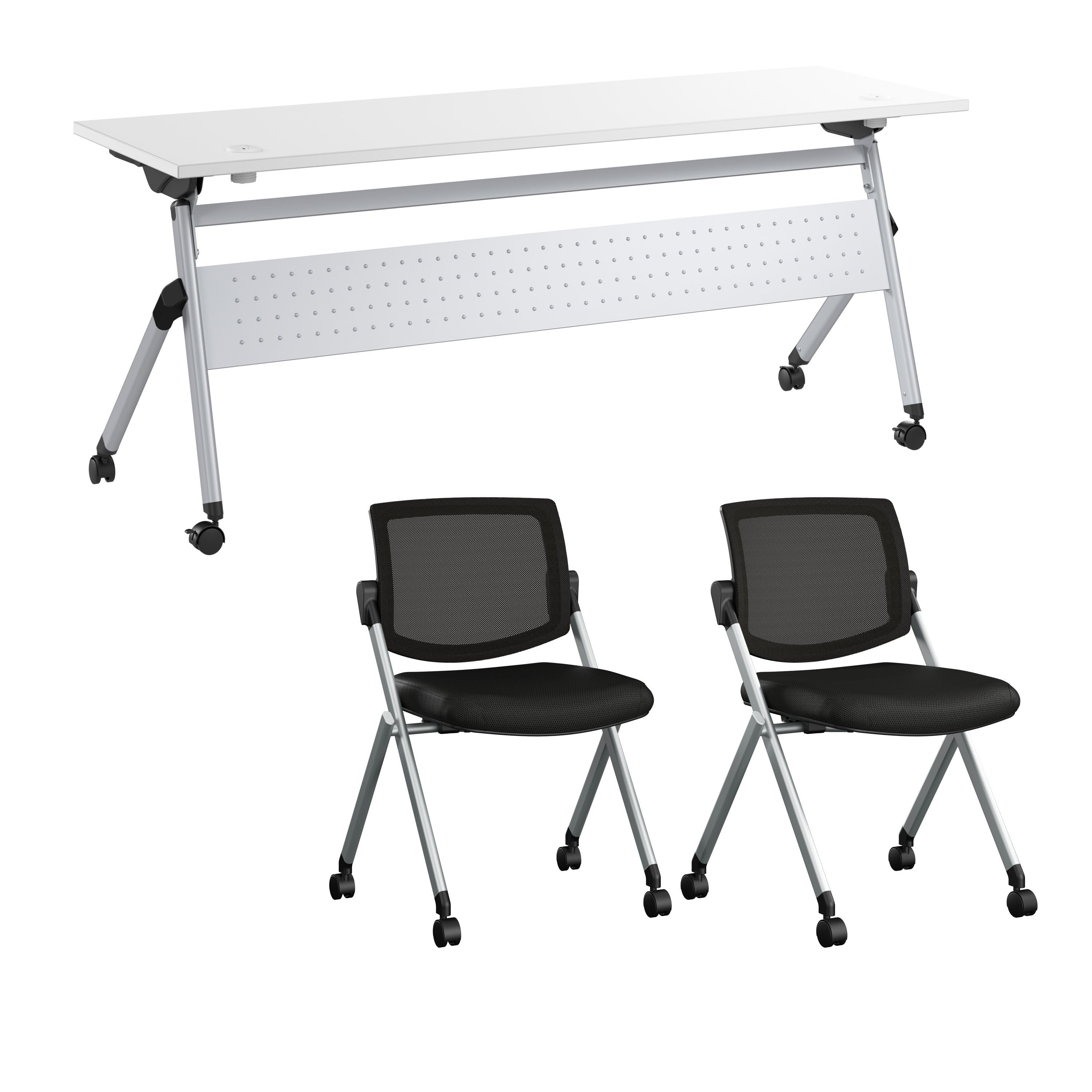 Bush Business Furniture Envision 72W Folding Training Table with Powered Grommets and 2 Chairs in White - 71.02" Width x 23.54" Depth x 32.87" Height