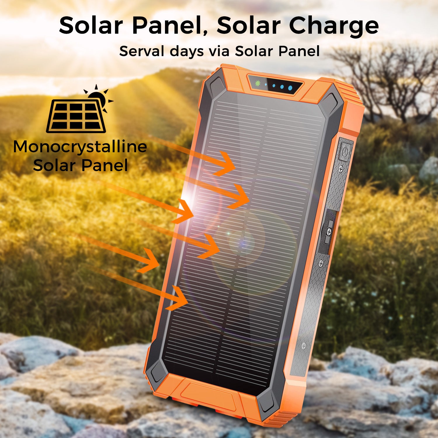 20000mAh Solar Power Bank with Wireless Charging and Built-in Cables, Orange