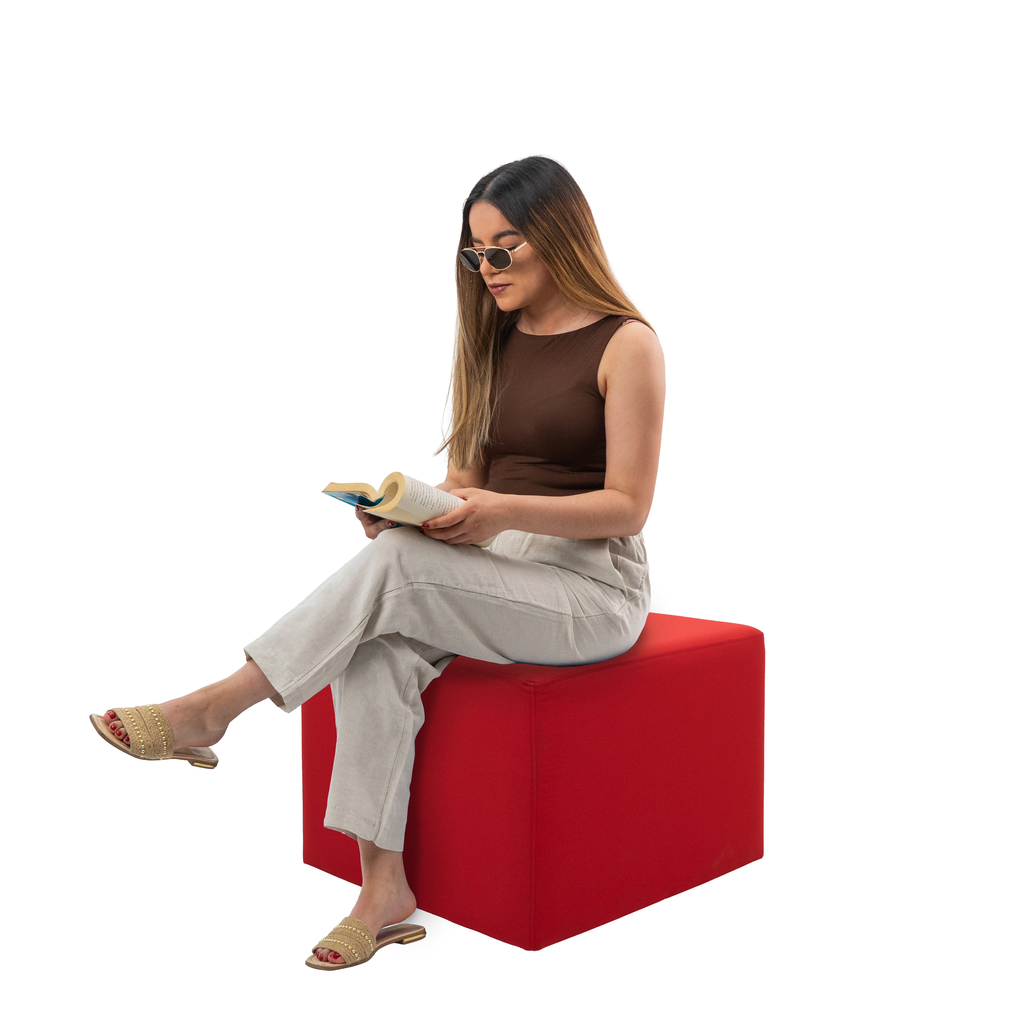 Outdoor 24" Square Ottoman with Sunbrella®, 18" H - Canvas Jockey Red