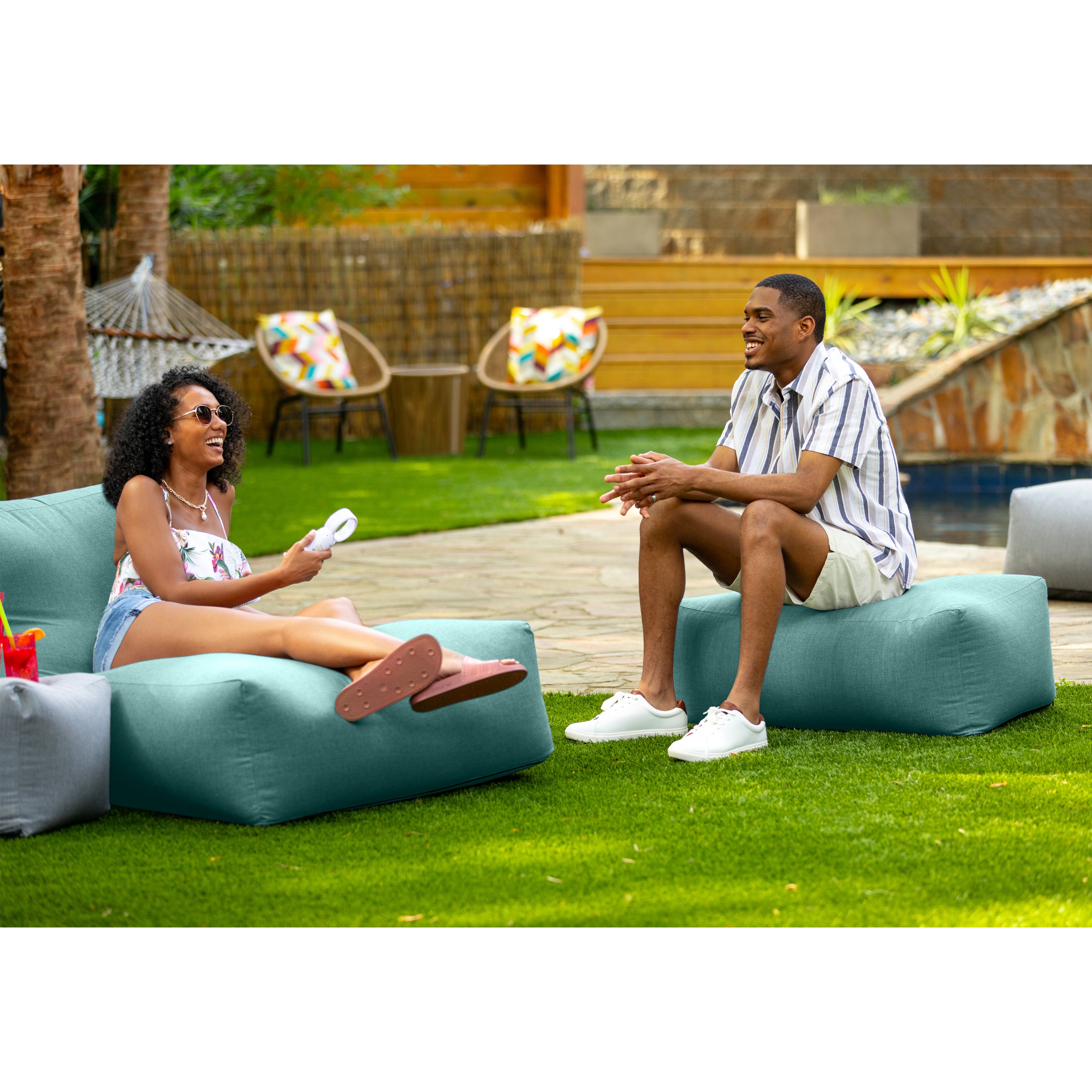 Coza Ottoman - Large Outdoor Pouf & Footrest - Sunbrella, Breeze