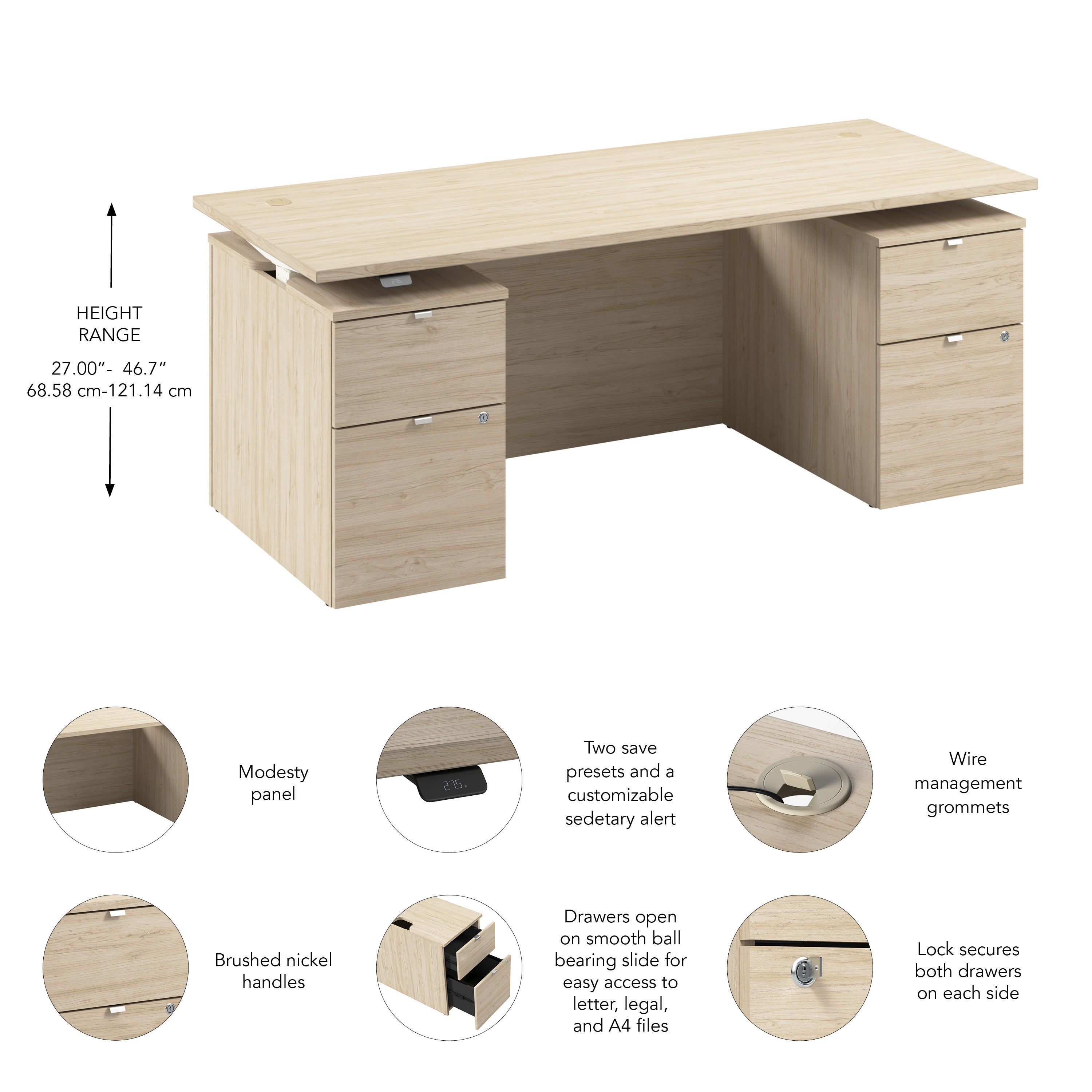 Bush Business Furniture Stratus&nbsp;72W x&nbsp;30D Electric Standing Desk with Drawers and Modesty Panel in Natural Elm with White Base - 71.02" Width x 29.37" Depth x 27.44" Height