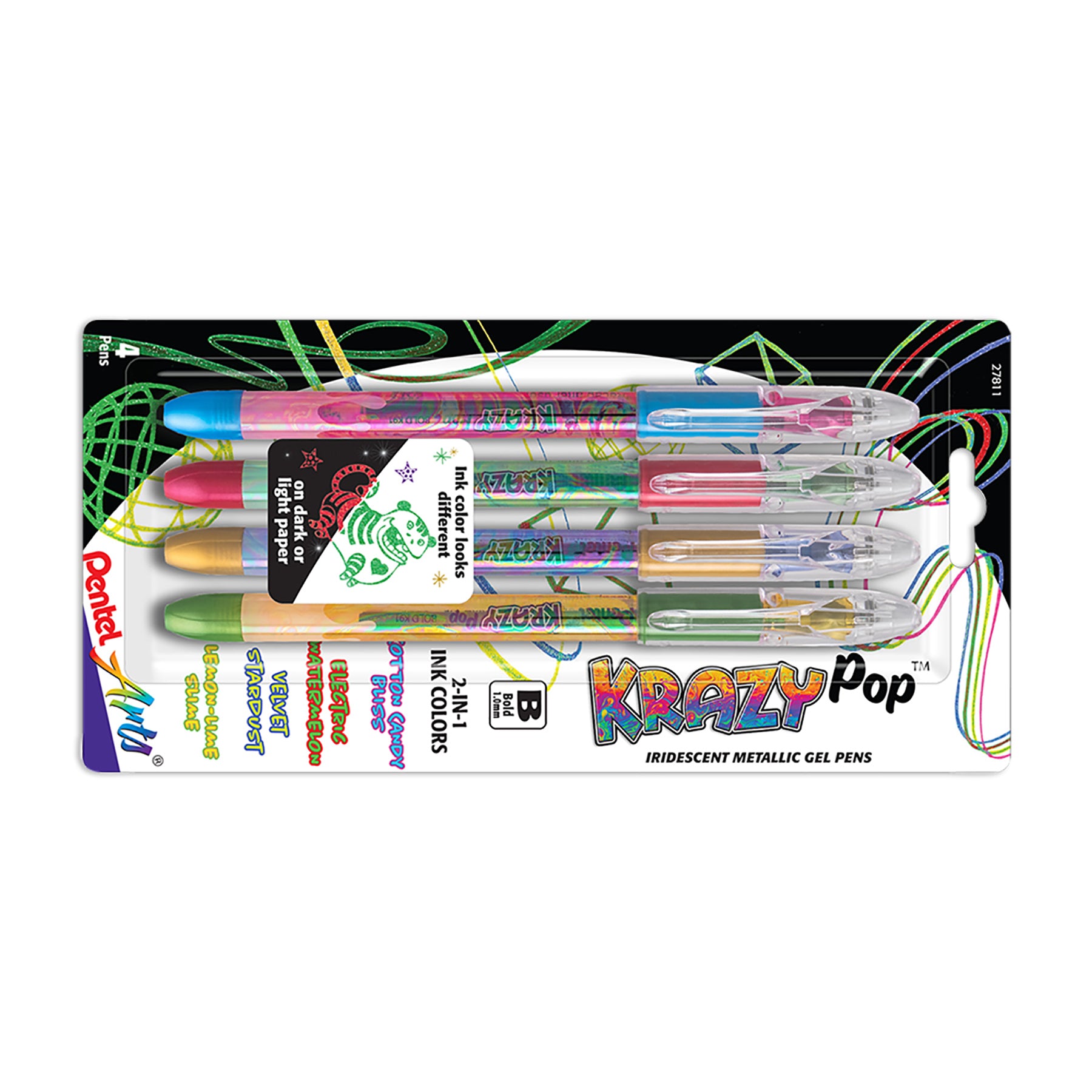 Krazy Pop Iridescent Gel Pen, 1.0mm Bold line, Assorted Ink (XC/BD/CP/DG), 4-Pack