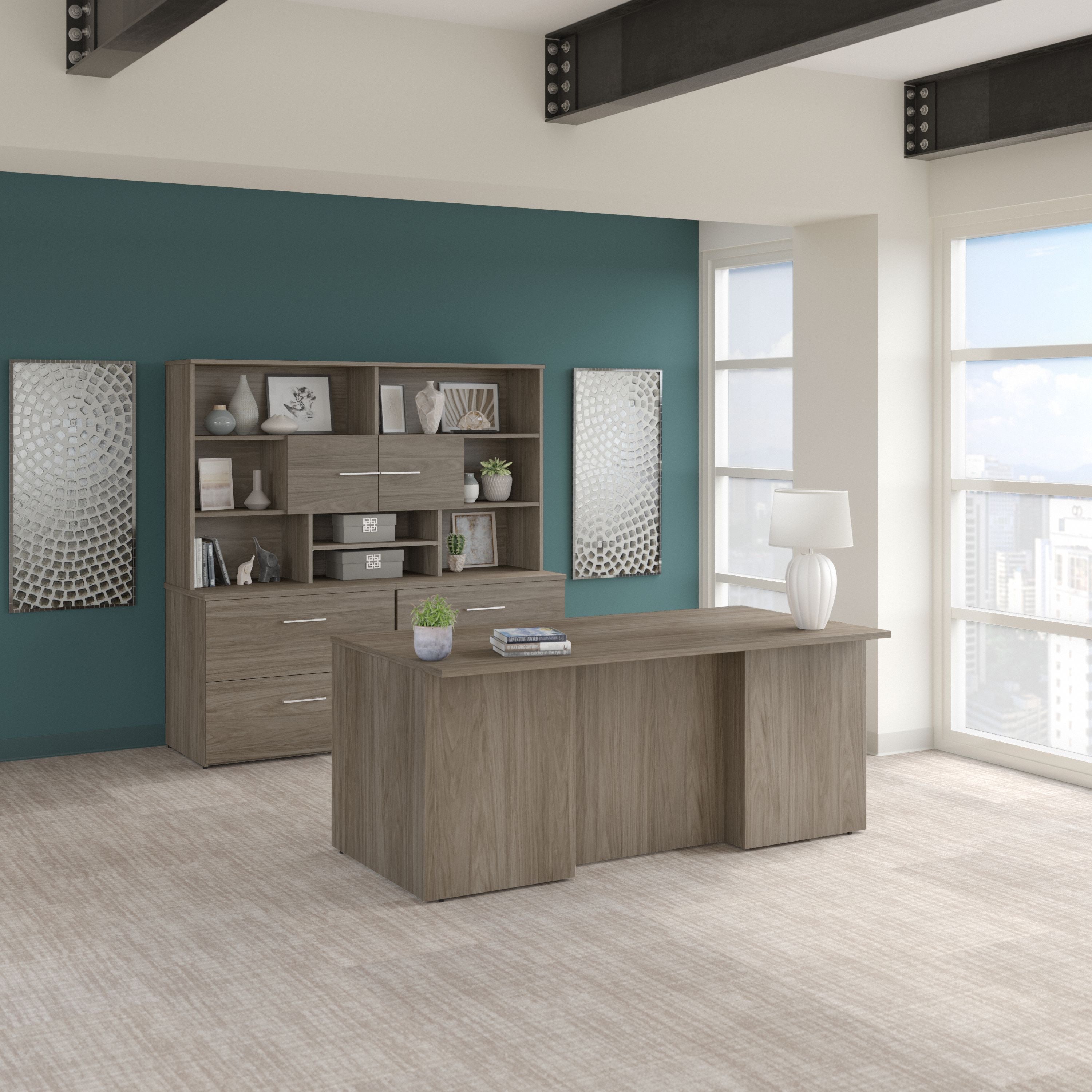 Bush Business Furniture Office 500 72W x 36D Executive Desk with Drawers, Lateral File Cabinets and Hutch in Modern Hickory - 71.02" Width x 35.43" Depth x 70.09" Height