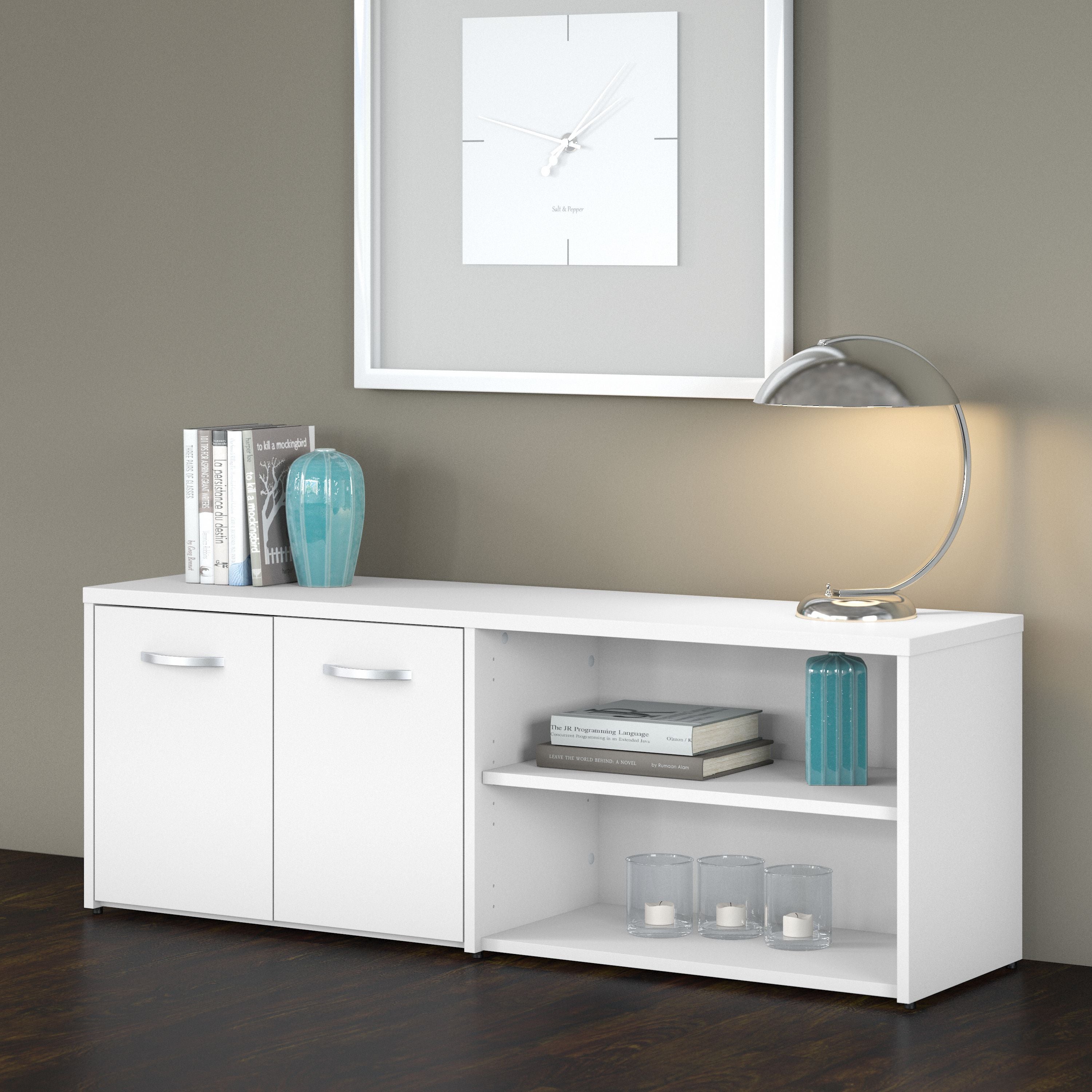 Bush Business Furniture Studio C Low Storage Cabinet with Doors and Shelves in White - 59.17" Width x 15.71" Depth x 21.2" Height
