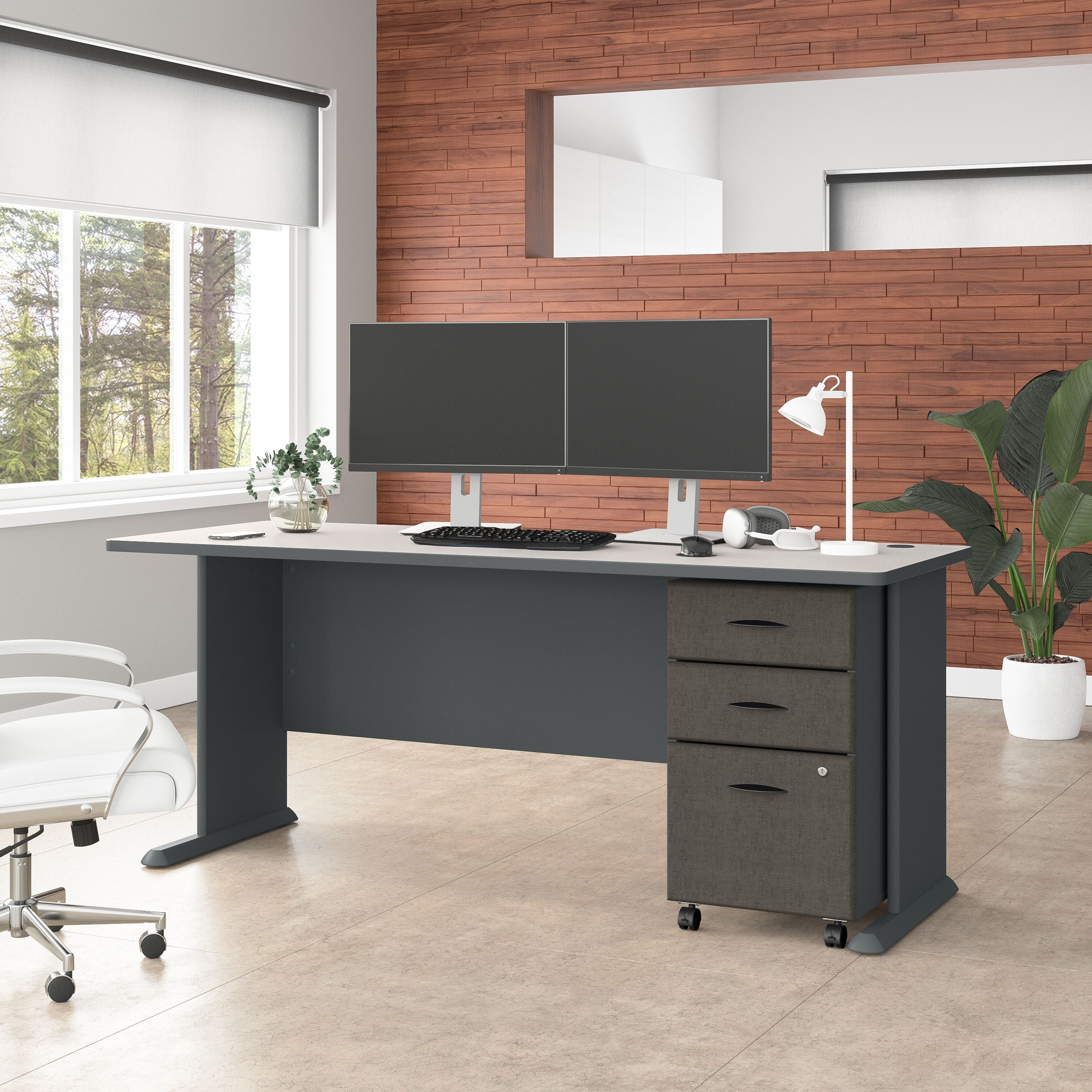 Bush Business Furniture Series A 72W Desk with Mobile File Cabinet in Slate and White Spectrum - 71.54" Width x 26.81" Depth x 29.66" Height