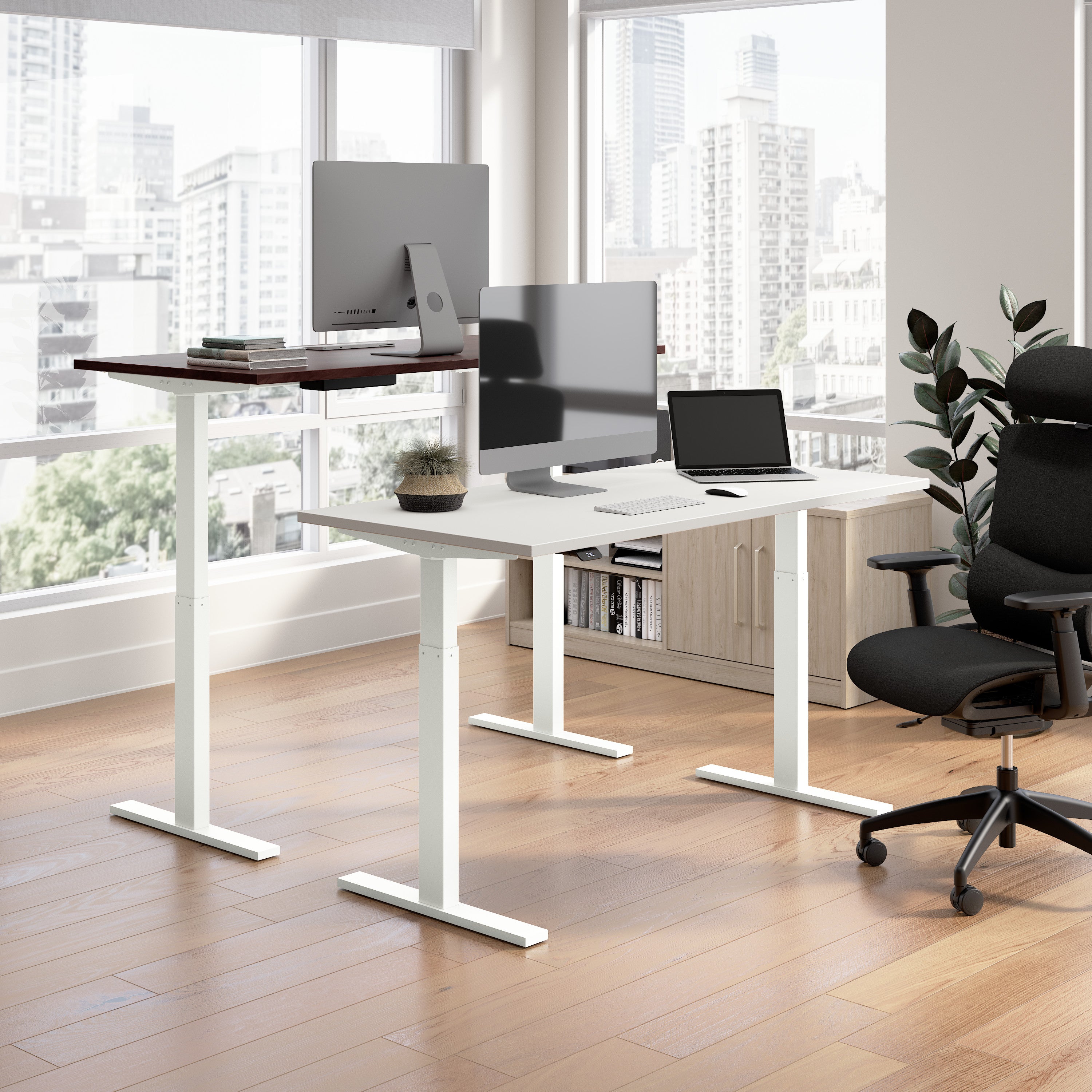 Bush Business Furniture Move 60 Series 72W Height Adjustable L Shaped Standing Desk in Hansen Cherry with White Base - 71.02" Width x 76.97" Depth x 27.44" Height
