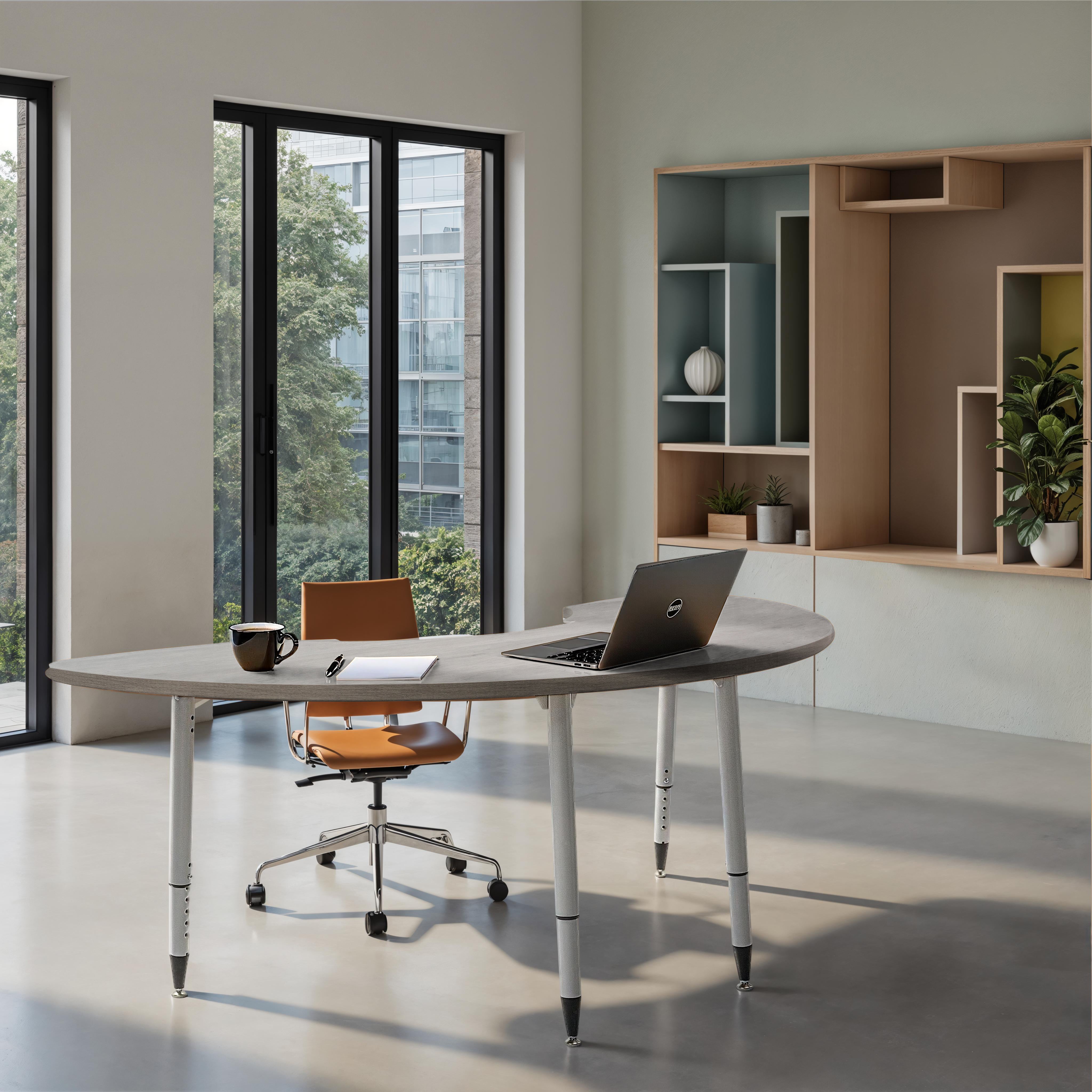 Adapte 36" x 72" Half Moon Woodgrain Activity Table with Adjustable Tapered Legs - Light Gray Wood/Silver