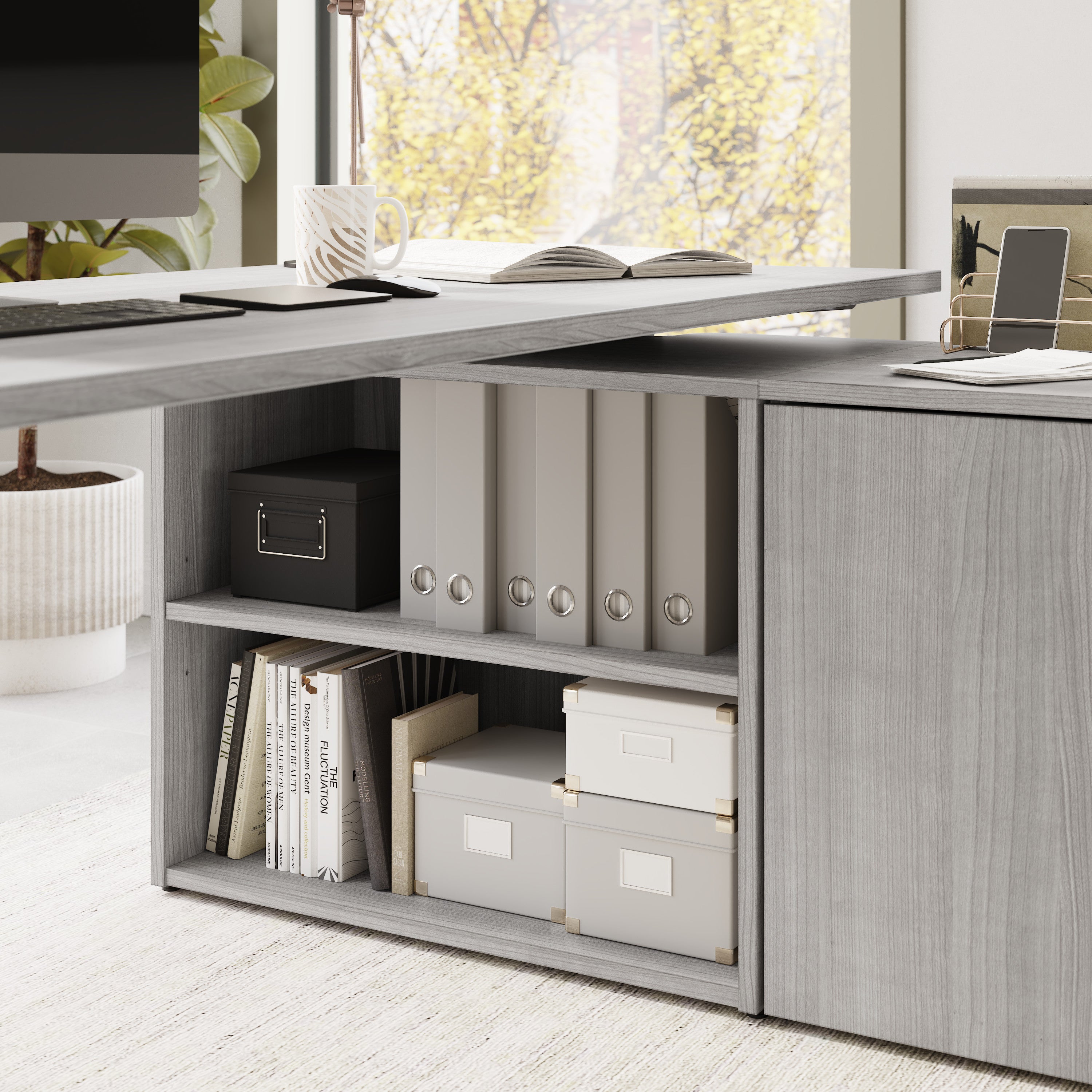 Bush Business Furniture Stratus&nbsp;60W x&nbsp;30D Electric Height Adjustable Standing Desk with Storage in Platinum Gray with Metallic Gray Base - 59.45" Width x 29.37" Depth x 27.44" Height