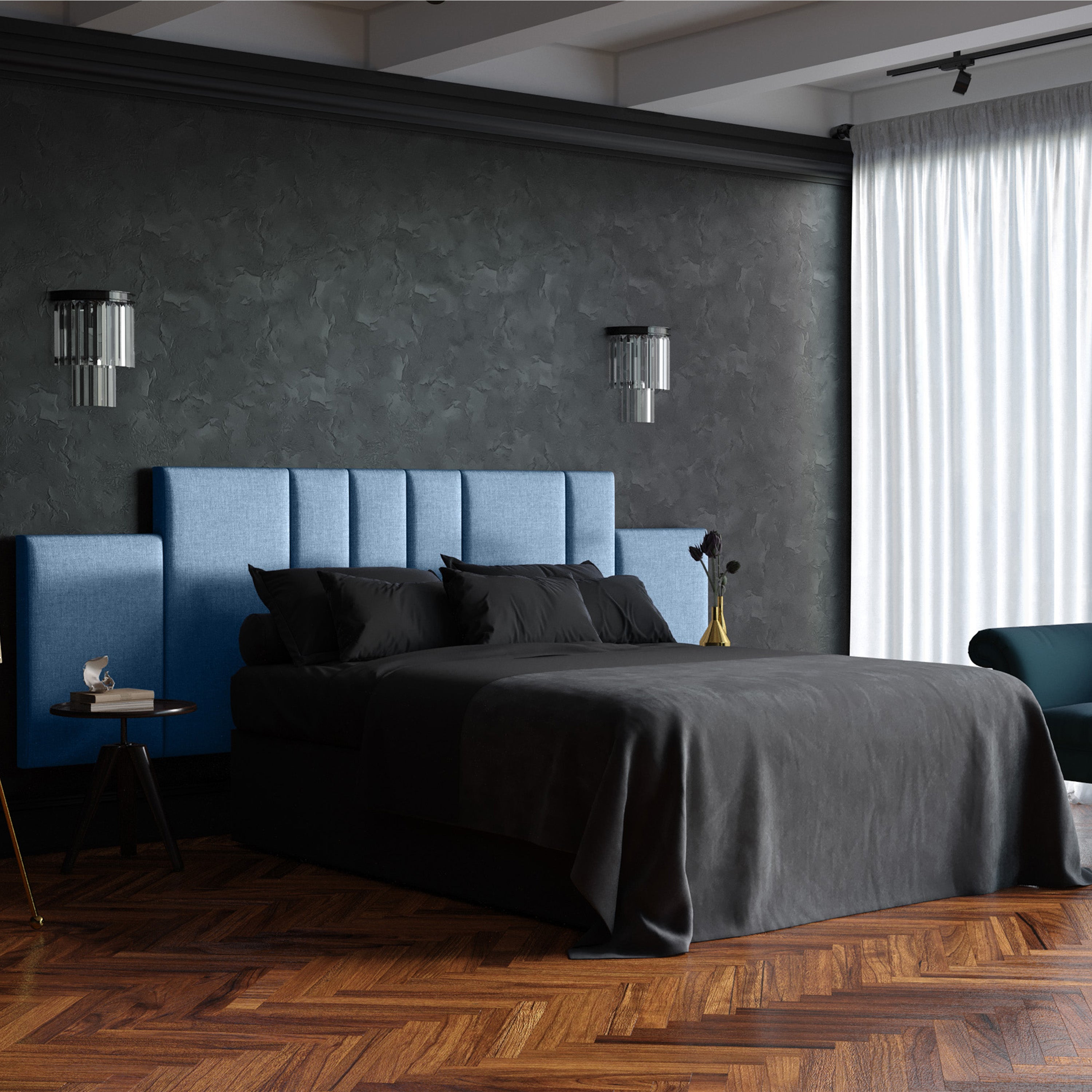 Jaxx Panelist Modern Padded Headboard- Set of 2 Wall Mounted Panels (Each 22.5" x 38")- King Double Tall, Microvelvet Petrol Blue