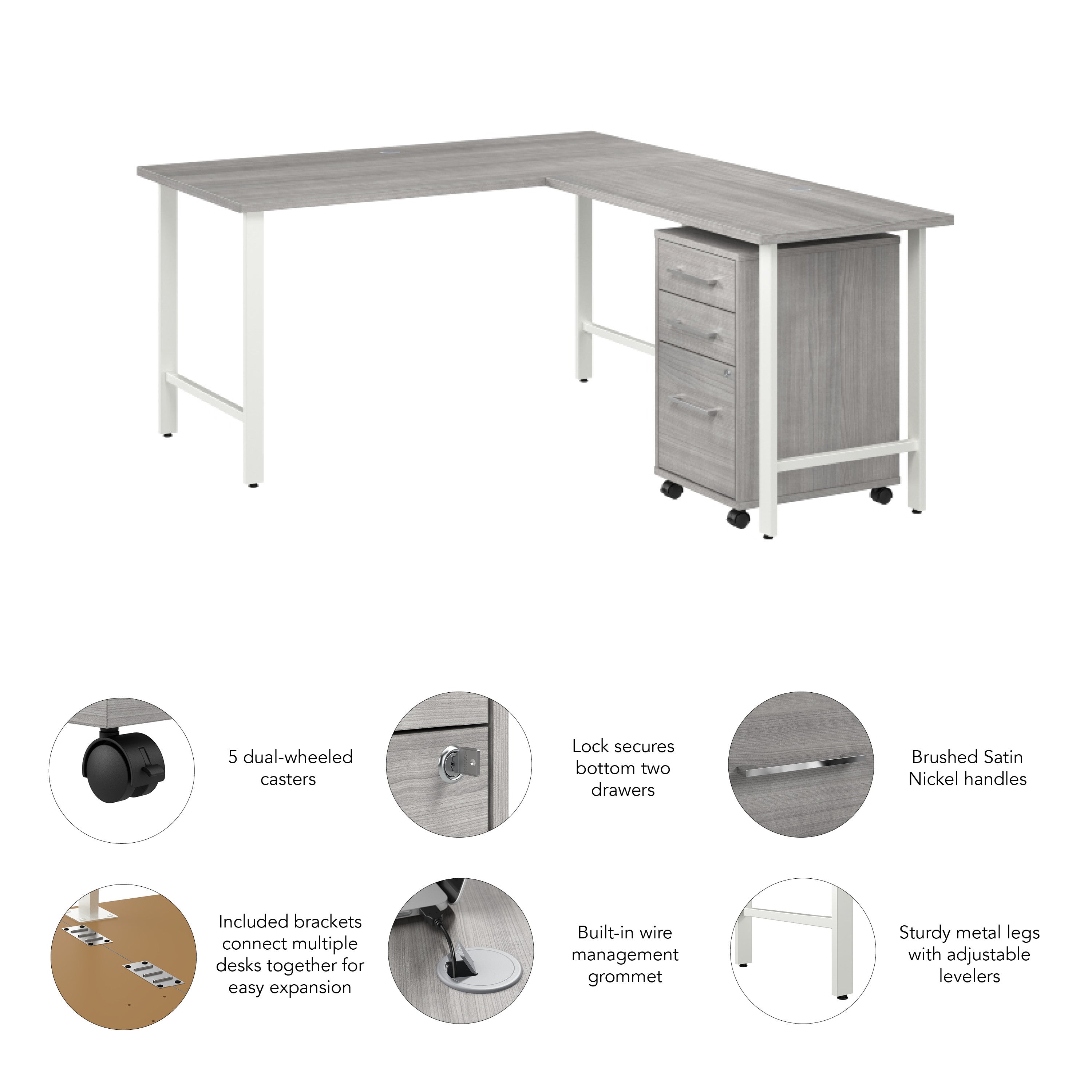 Bush Business Furniture Hustle 60W x 30D L Shaped Computer Desk with 3 Drawer Mobile File Cabinet in Platinum Gray - 59.44" Width x 71.33" Depth x 30.07" Height