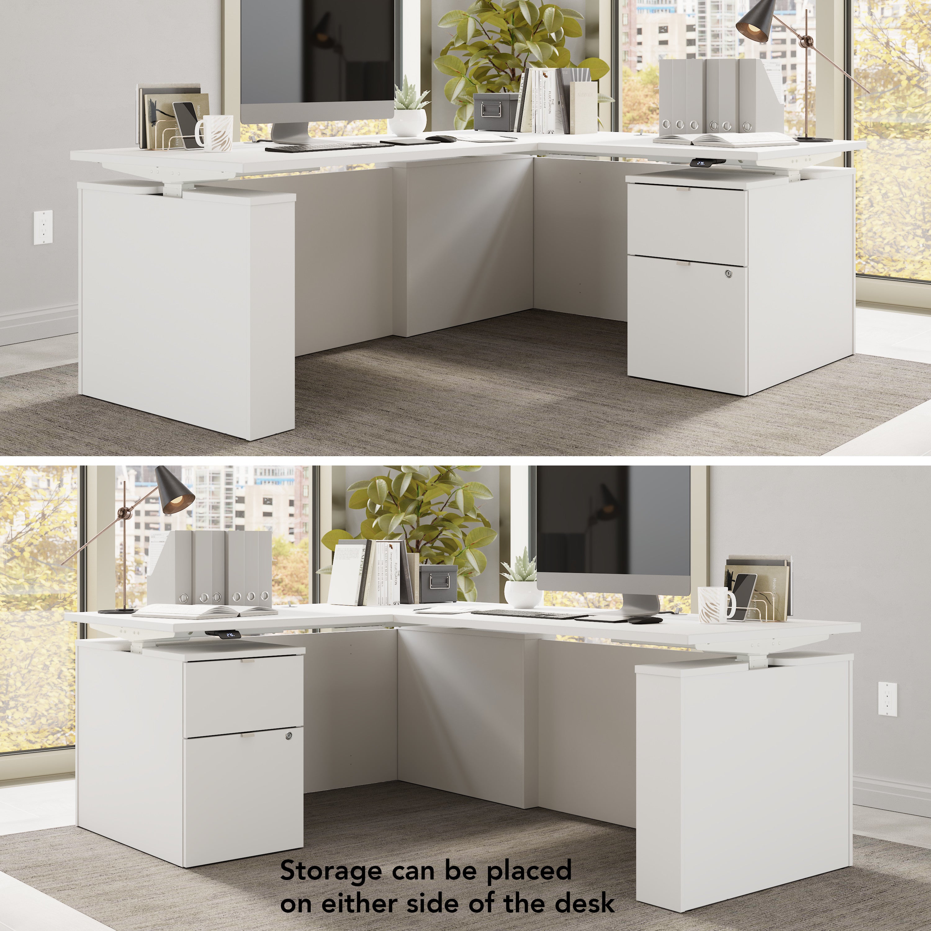 Bush Business Furniture Stratus&nbsp;60W x&nbsp;78D Height Adjustable L Shaped Standing Desk with File Cabinet in White with White Base - 59.45" Width x 76.97" Depth x 27.44" Height