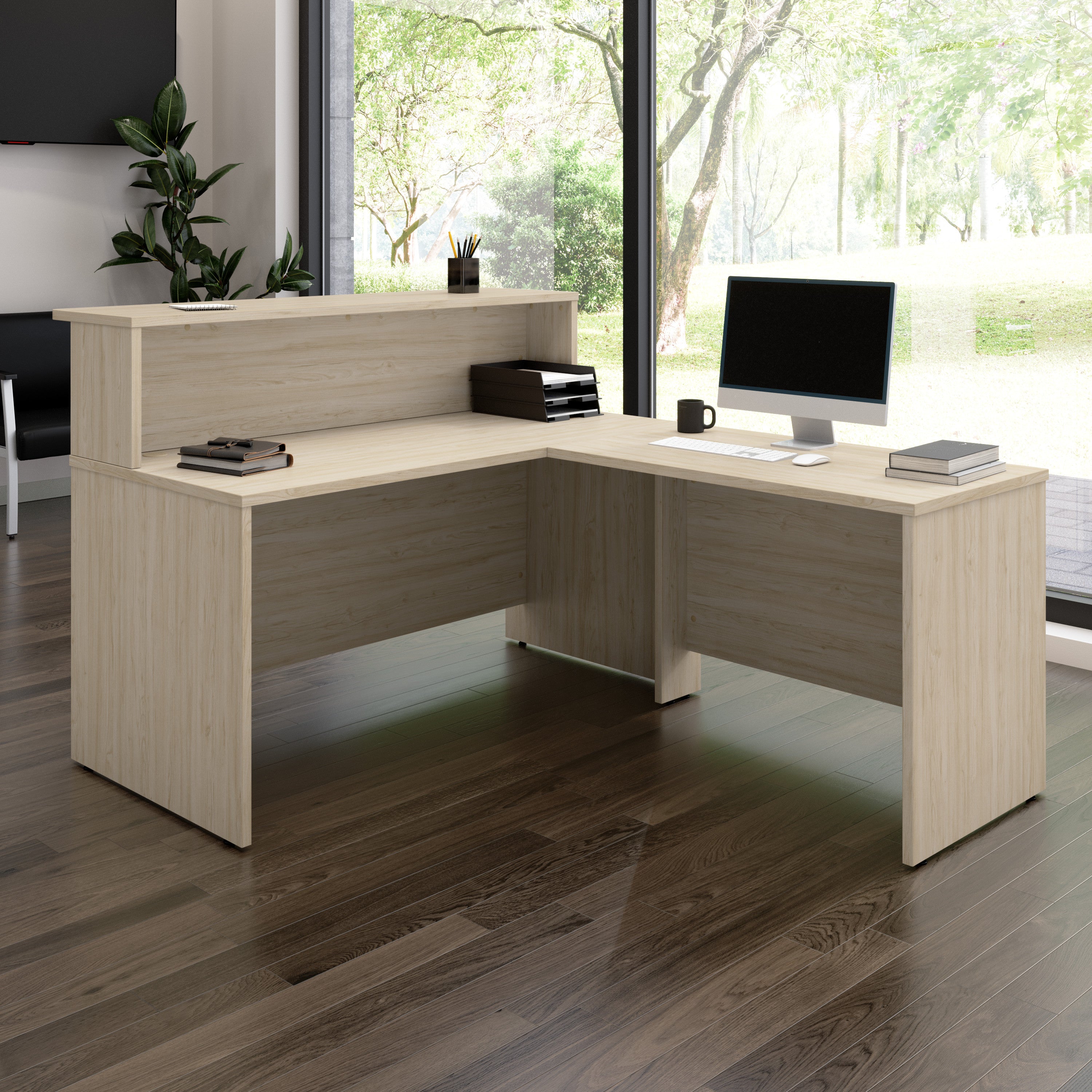 Bush Business Furniture Arrive 60W x 72D L Shaped Reception Desk with Shelf in Natural Elm - 59.45" Width x 71.02" Depth x 43.71" Height