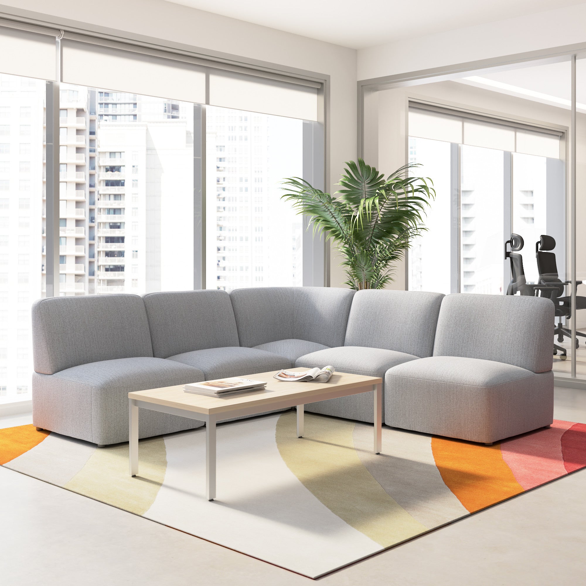 Bush Business Furniture Assemble Modular 5 Seater L Shaped Sectional Lounge Sofa in Fog Fabric - 89.76" Width x 89.76" Depth x 29.92" Height