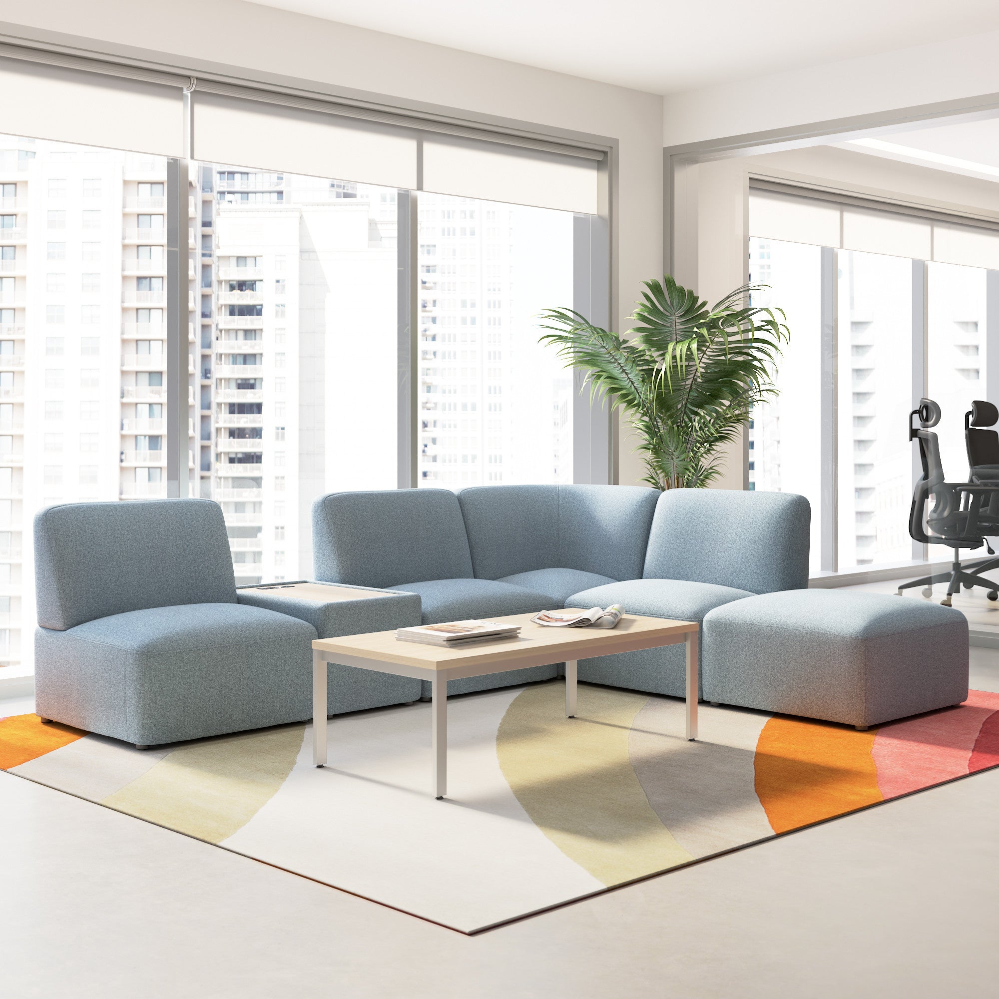 Bush Business Furniture Assemble Modular 5 Seater L Shaped Sectional with Charging Station in Mist Fabric - 100.6" Width x 89.76" Depth x 29.92" Height